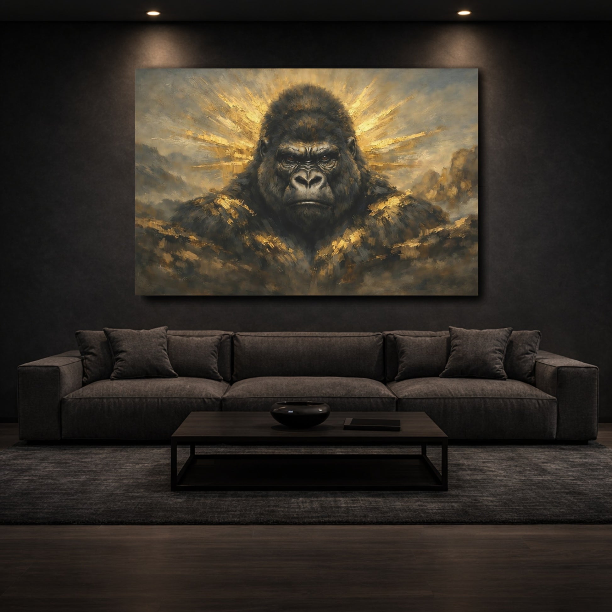 Mockup 2. Animals Gorilla Gold And Black Gorilla shown as stretched canvas wall art