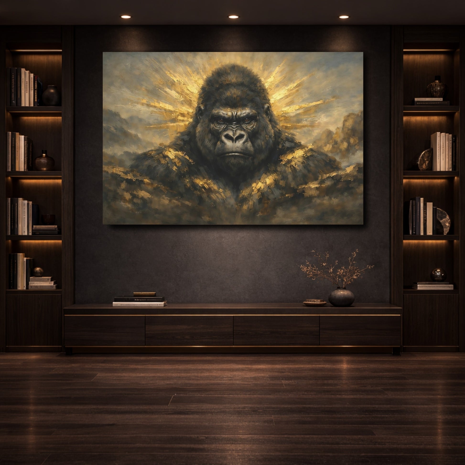 Mockup 3. Animals Gorilla Gold And Black Gorilla shown as stretched canvas wall art
