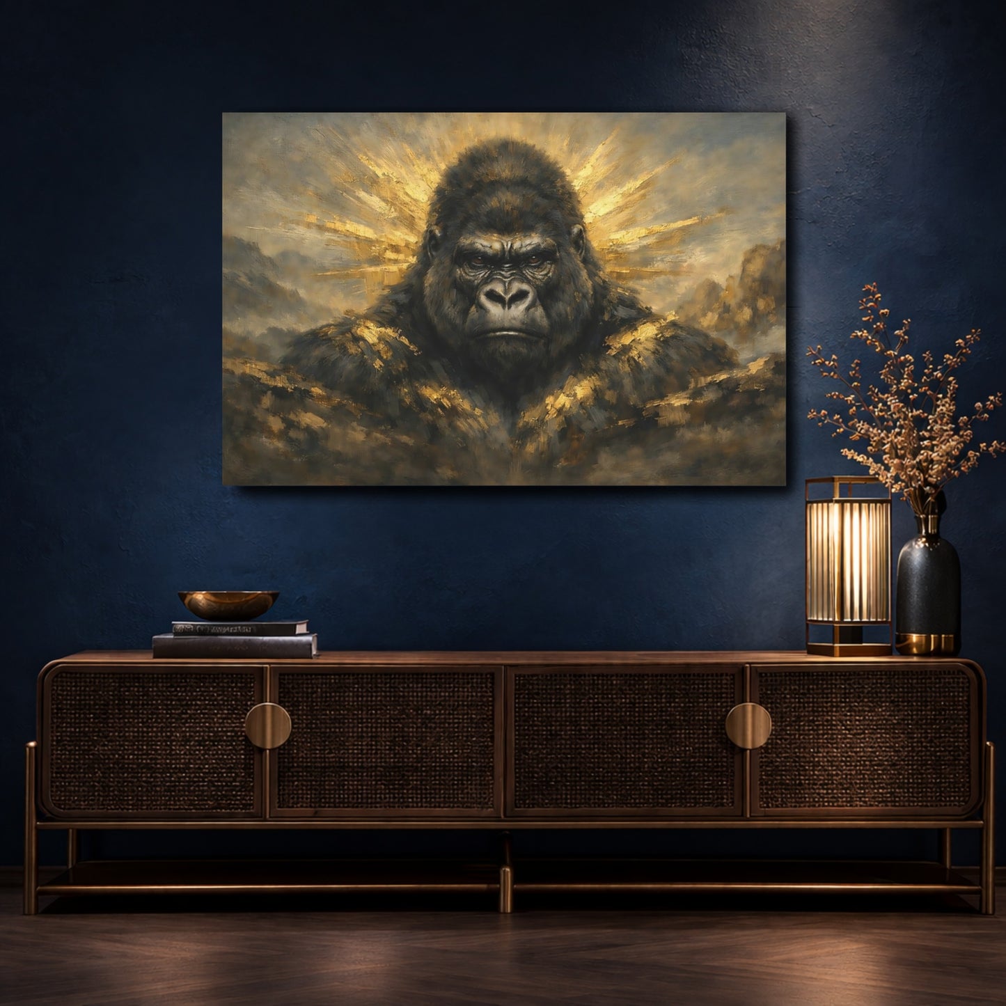 Mockup 4. Animals Gorilla Gold And Black Gorilla shown as stretched canvas wall art