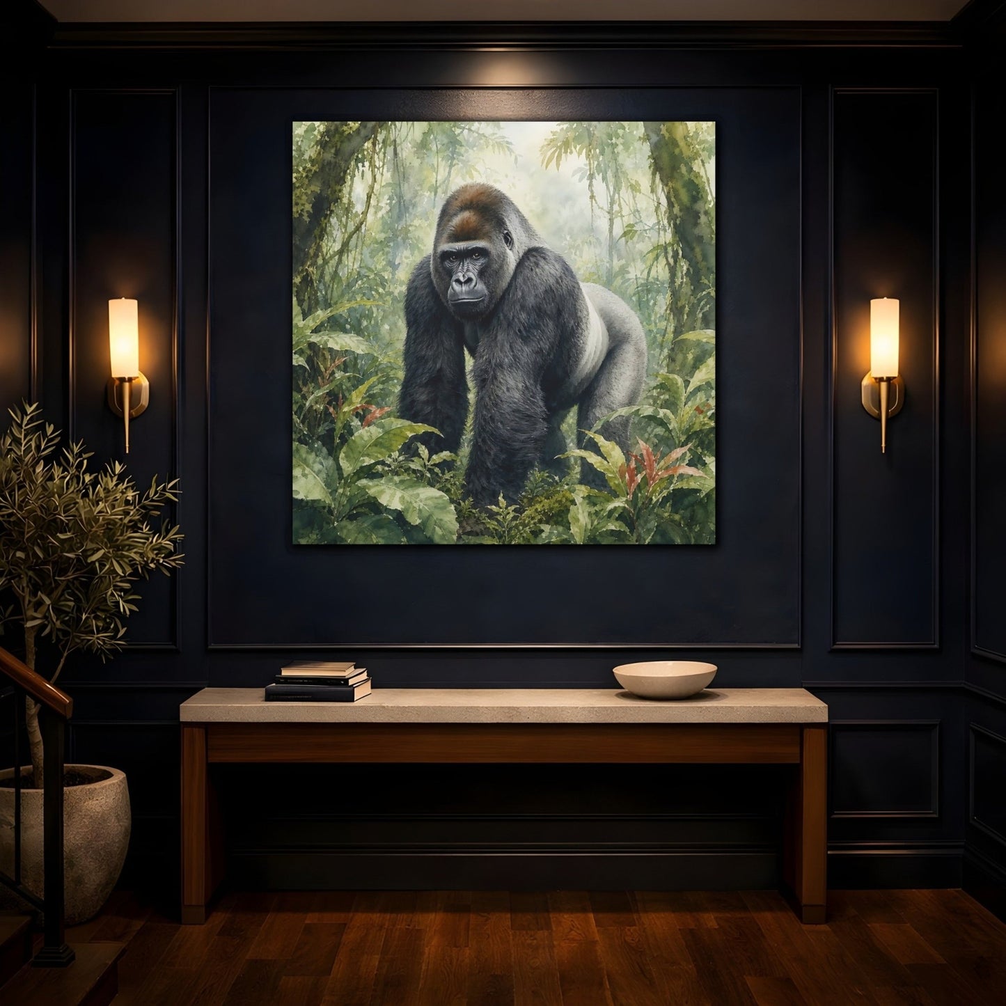 Animals Gorilla Green Jungle Canvas Print Wall Art – Watercolor Living Room, Above Console Table - YesArtYes