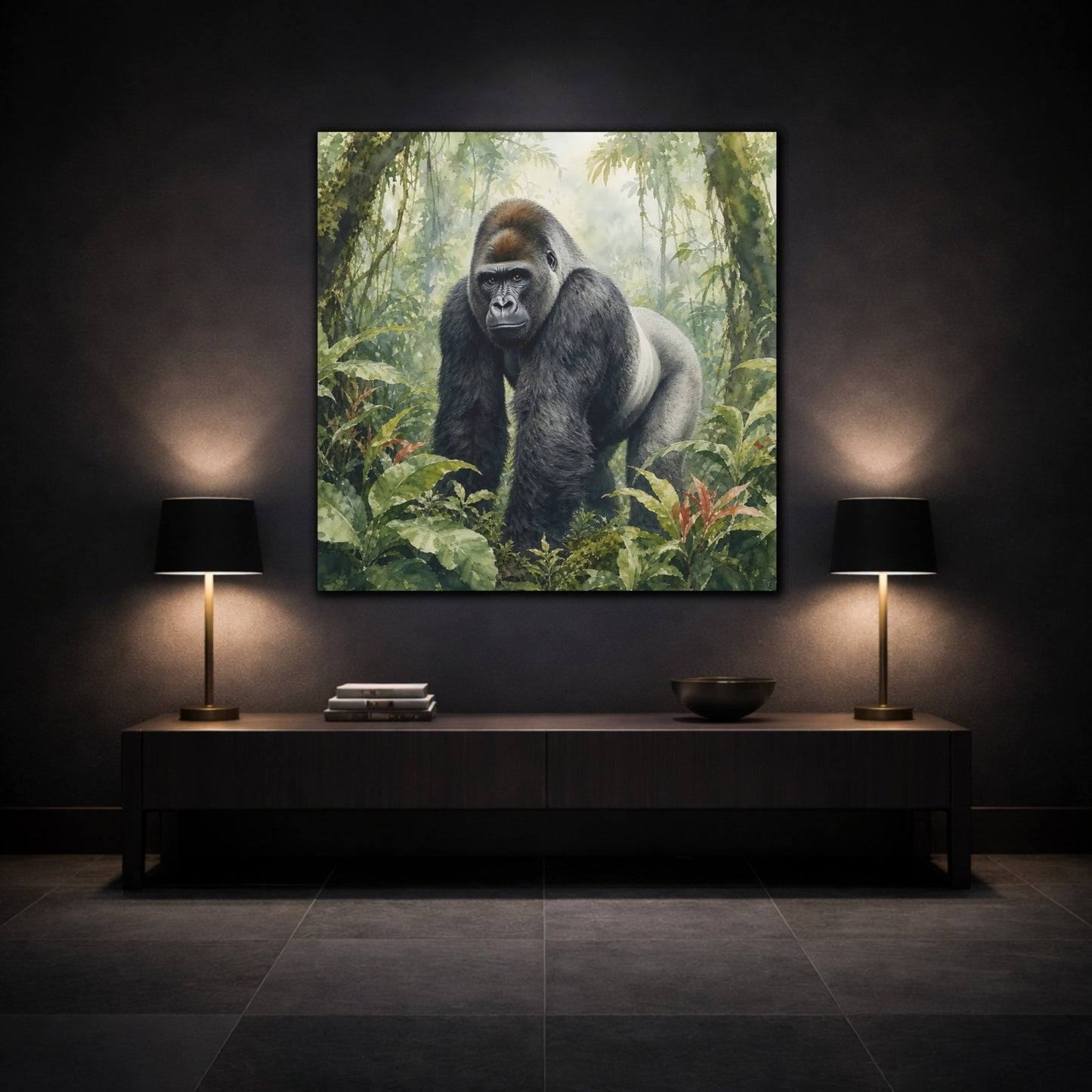 Animals Gorilla Green Jungle Canvas Print Wall Art – Watercolor Living Room, Above Console Table - YesArtYes
