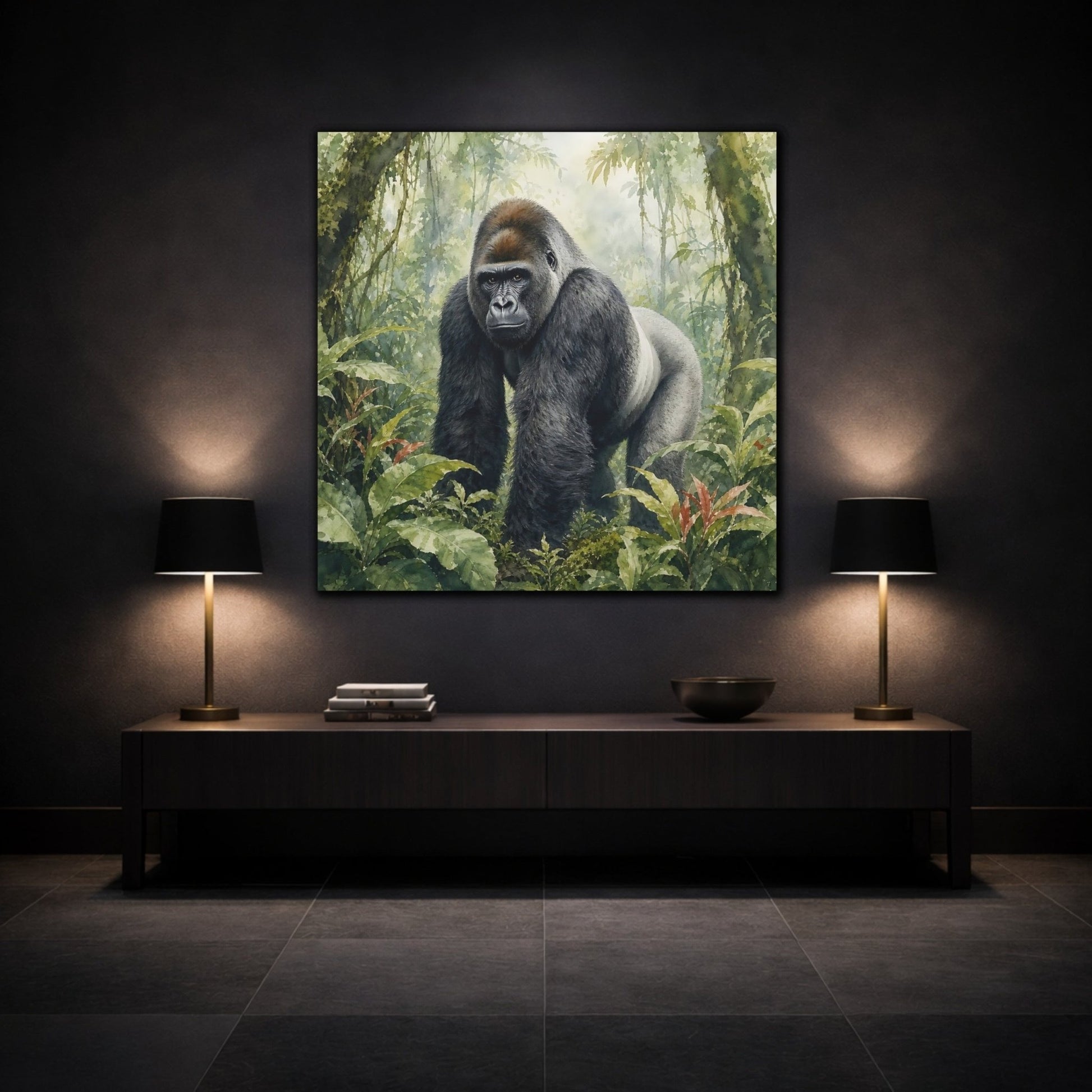 Animals Gorilla Green Jungle Canvas Print Wall Art – Watercolor Living Room, Above Console Table - YesArtYes