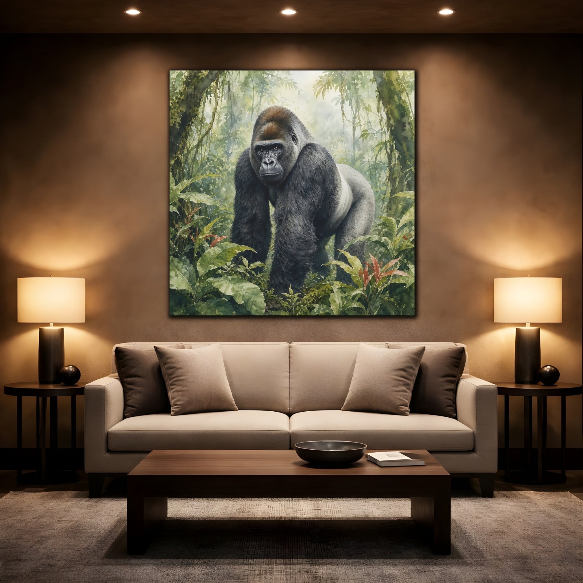 Mockup 2. Animals Gorilla Green Jungle shown as canvas print