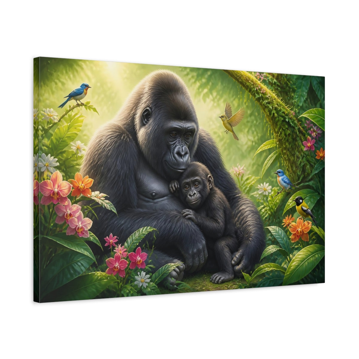 Side Mockup 2. Animals Gorilla Mother And Baby shown as canvas print