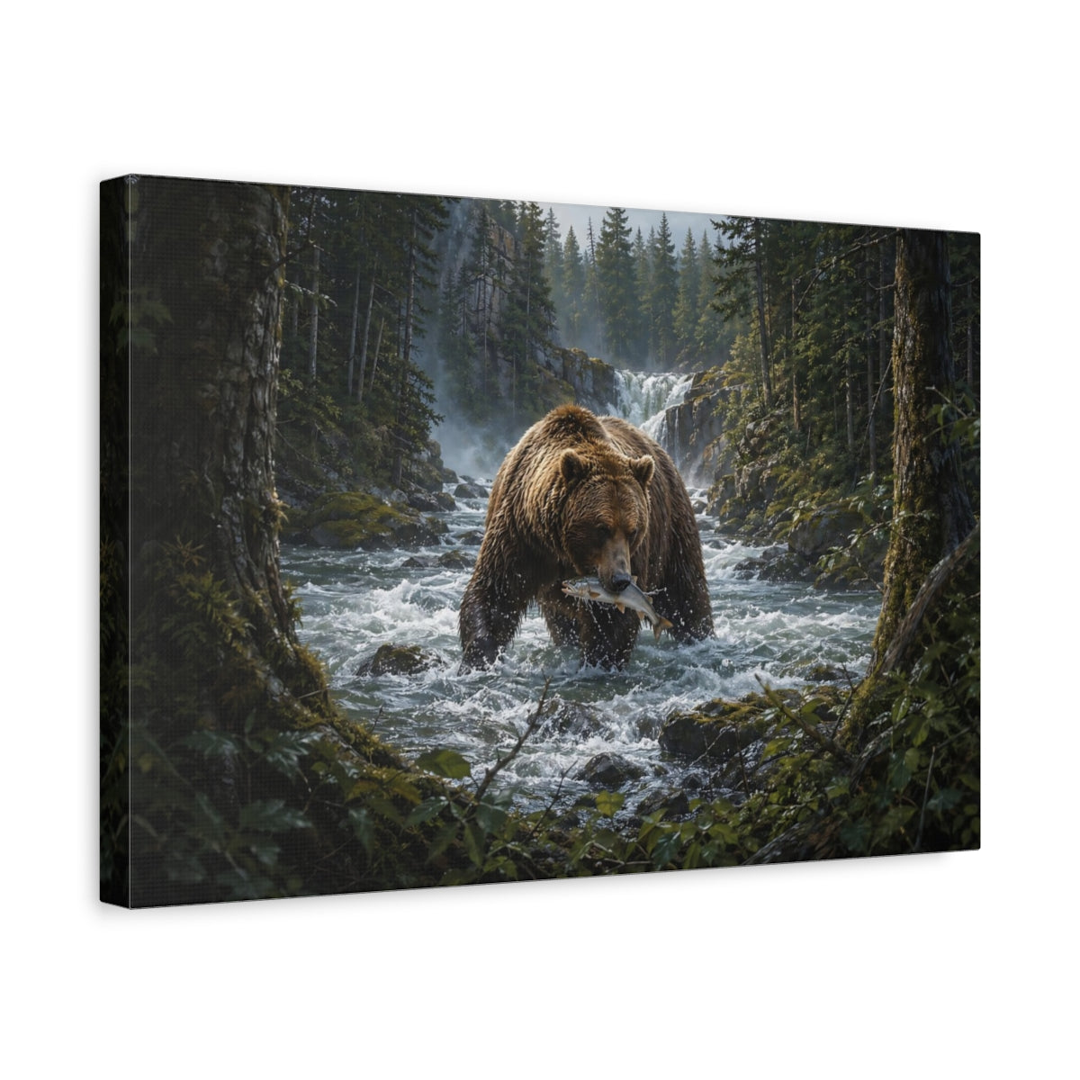 Side Mockup 4. Animals Grizzly Bear Grizzly Bear Fishing shown as stretched canvas wall art