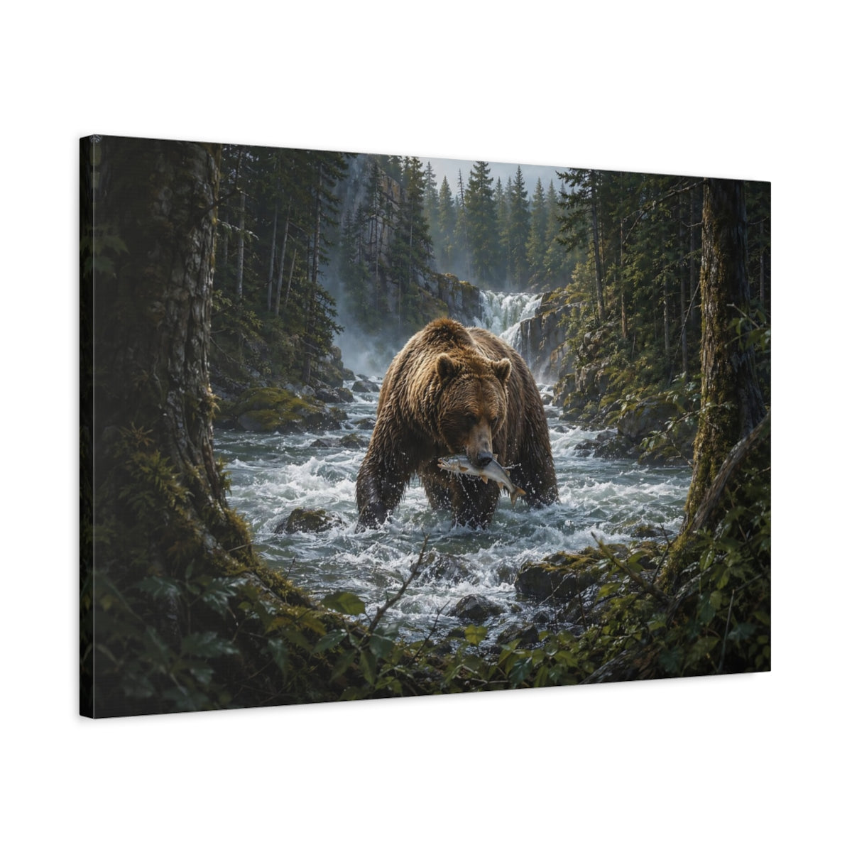Side Mockup 2. Animals Grizzly Bear Grizzly Bear Fishing shown as stretched canvas wall art