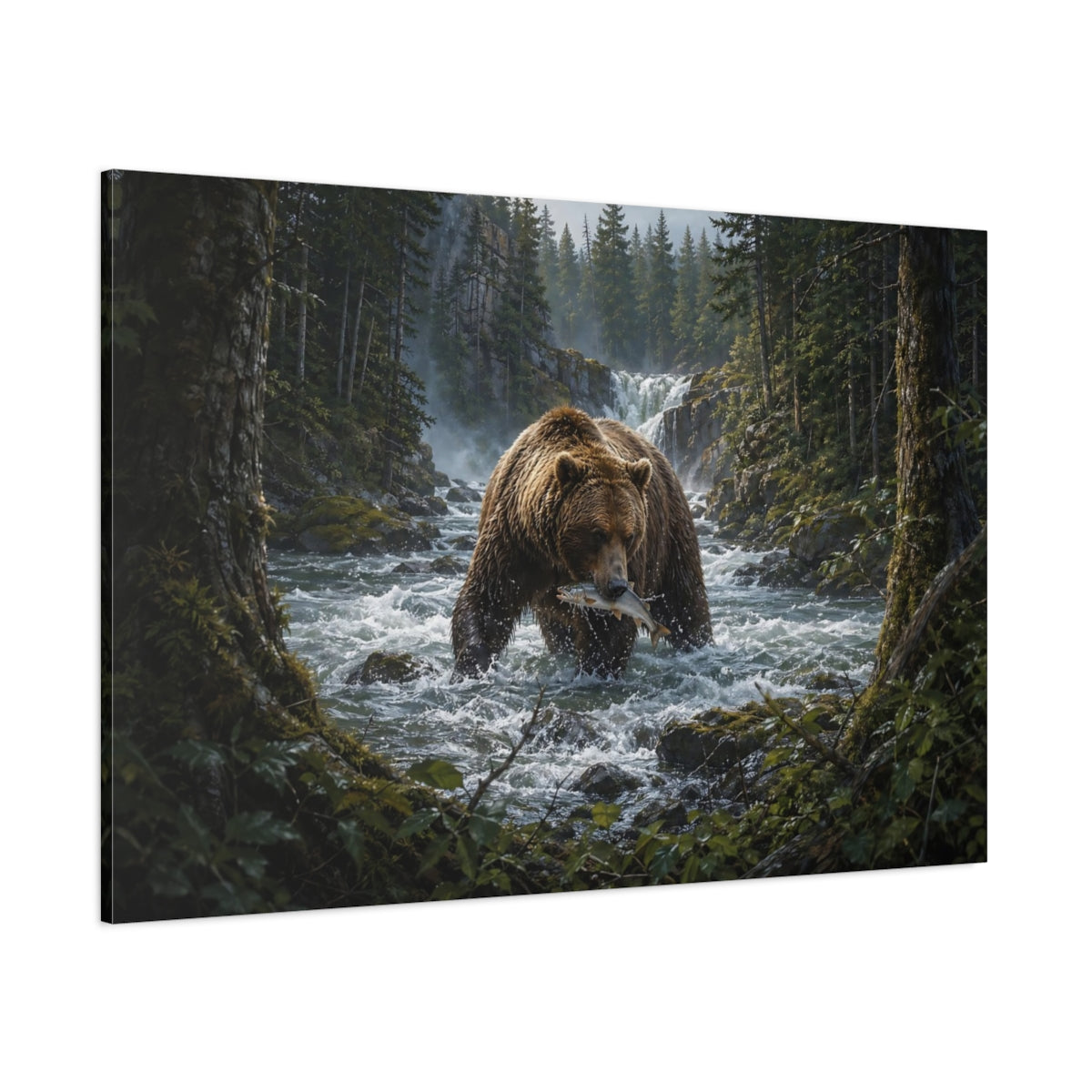 Side Mockup 1. Animals Grizzly Bear Grizzly Bear Fishing shown as stretched canvas wall art