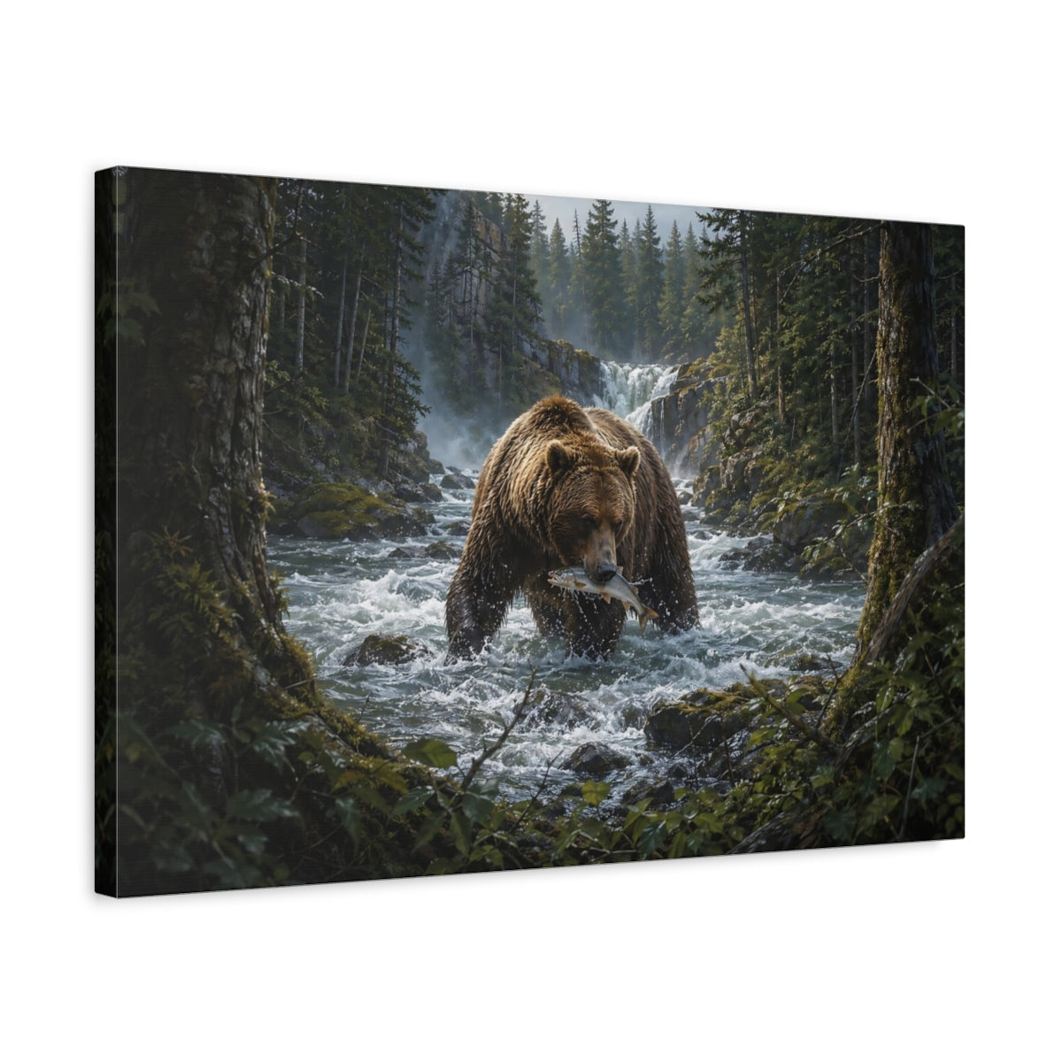 Side Mockup 3. Animals Grizzly Bear Grizzly Bear Fishing shown as stretched canvas wall art