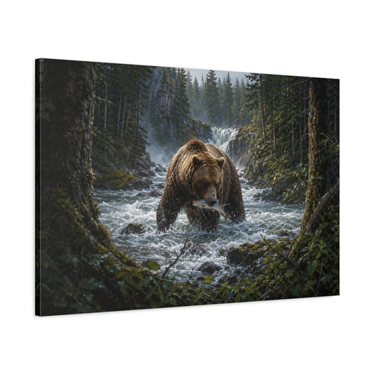 Main Mockup. Animals Grizzly Bear Grizzly Bear Fishing shown as stretched canvas wall art