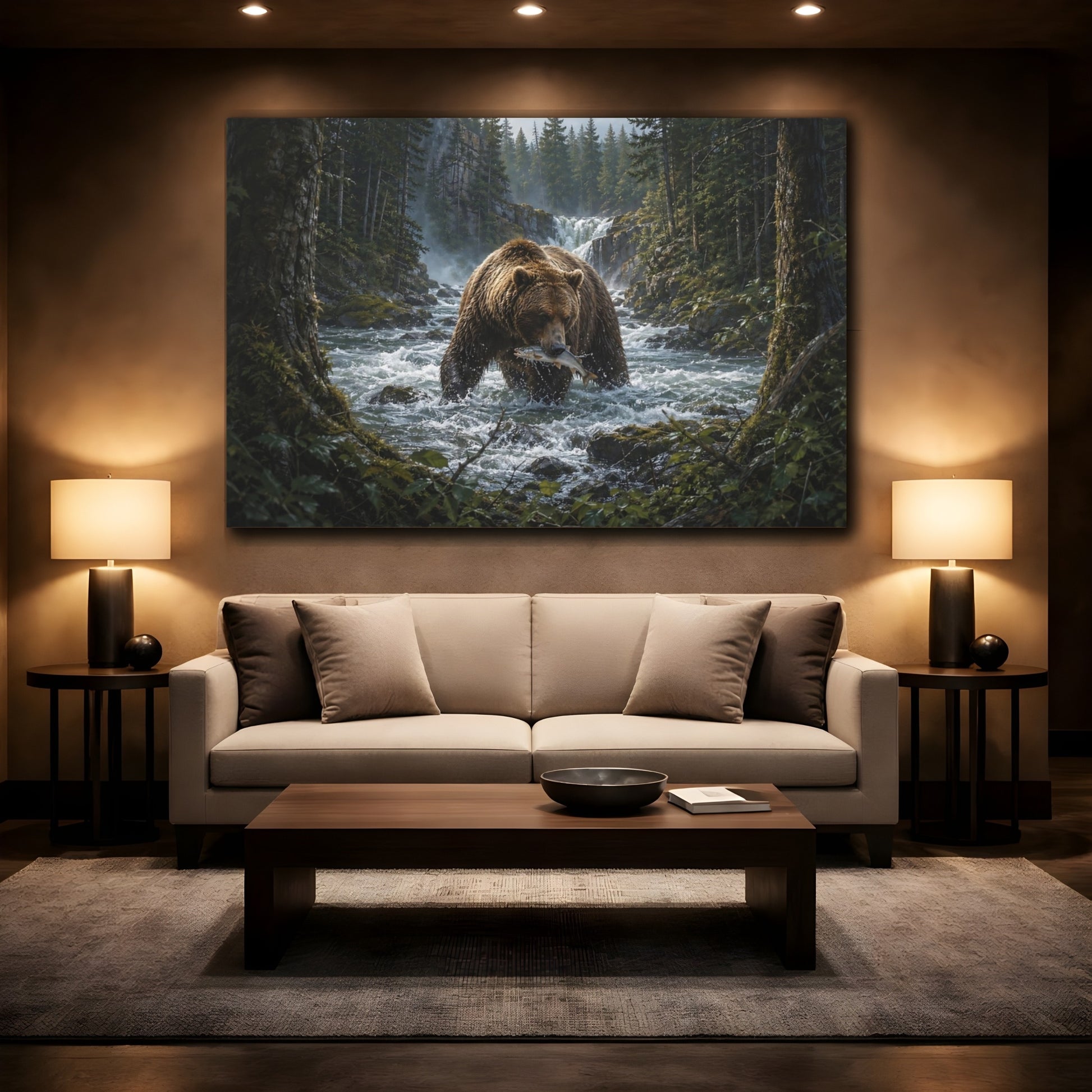 Mockup 2. Animals Grizzly Bear Grizzly Bear Fishing shown as stretched canvas wall art