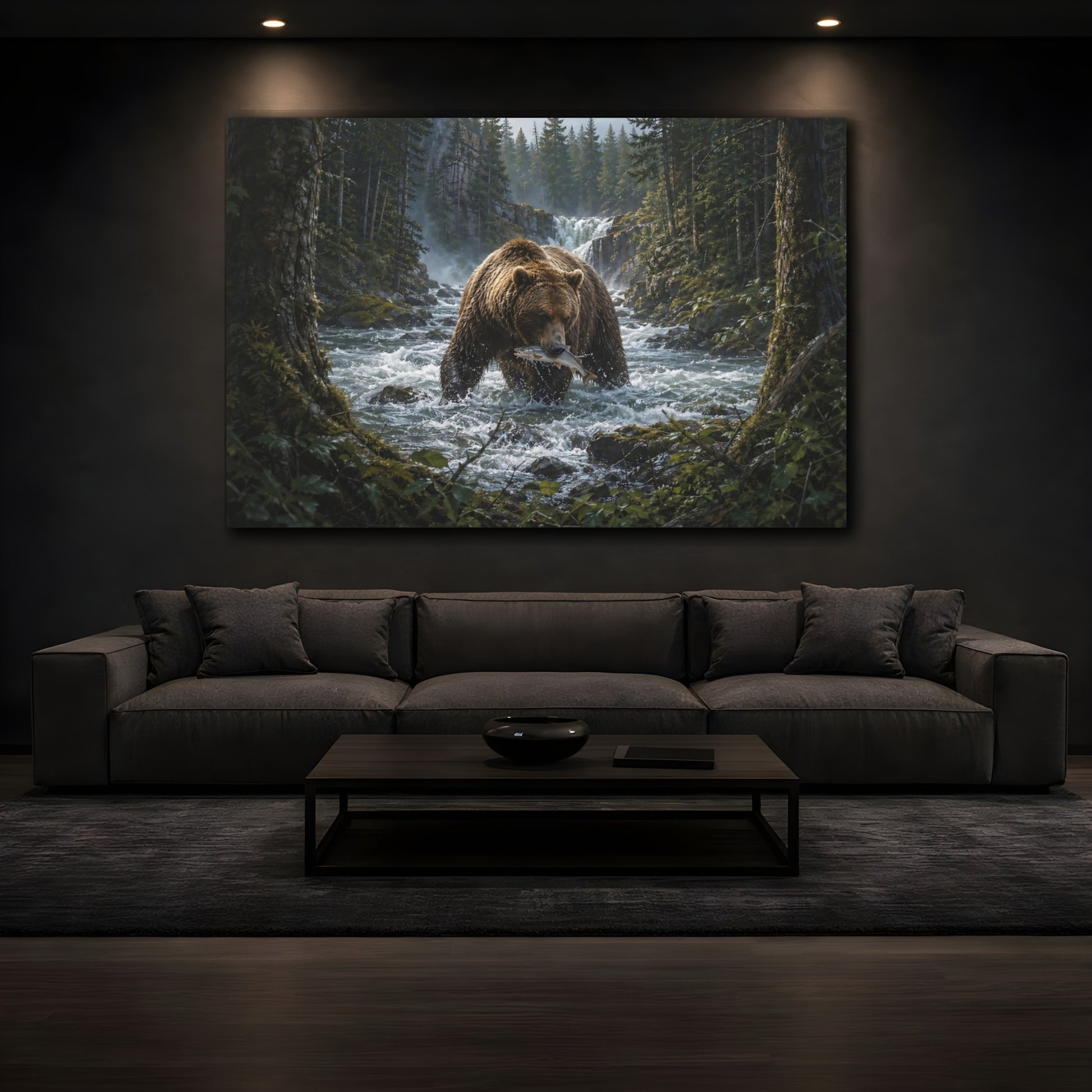 Mockup 3. Animals Grizzly Bear Grizzly Bear Fishing shown as stretched canvas wall art