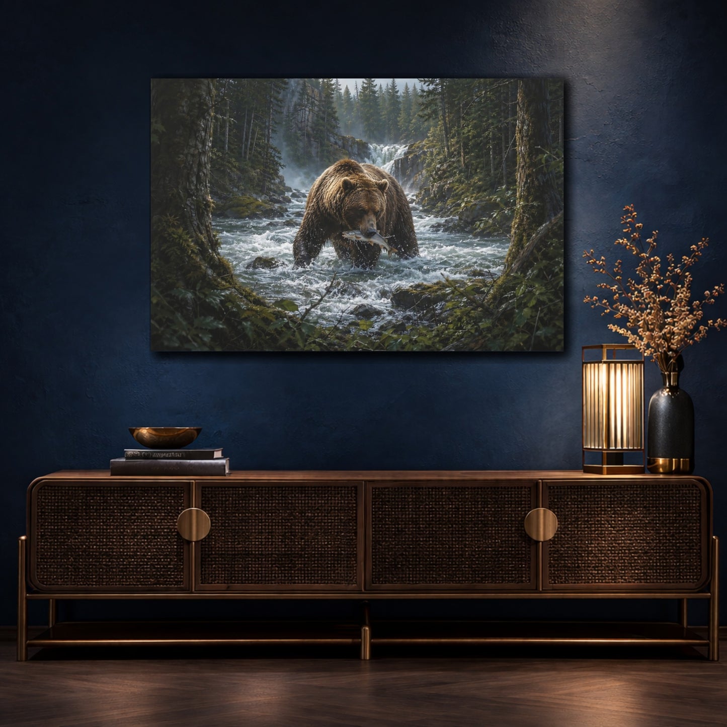 Mockup 4. Animals Grizzly Bear Grizzly Bear Fishing shown as stretched canvas wall art