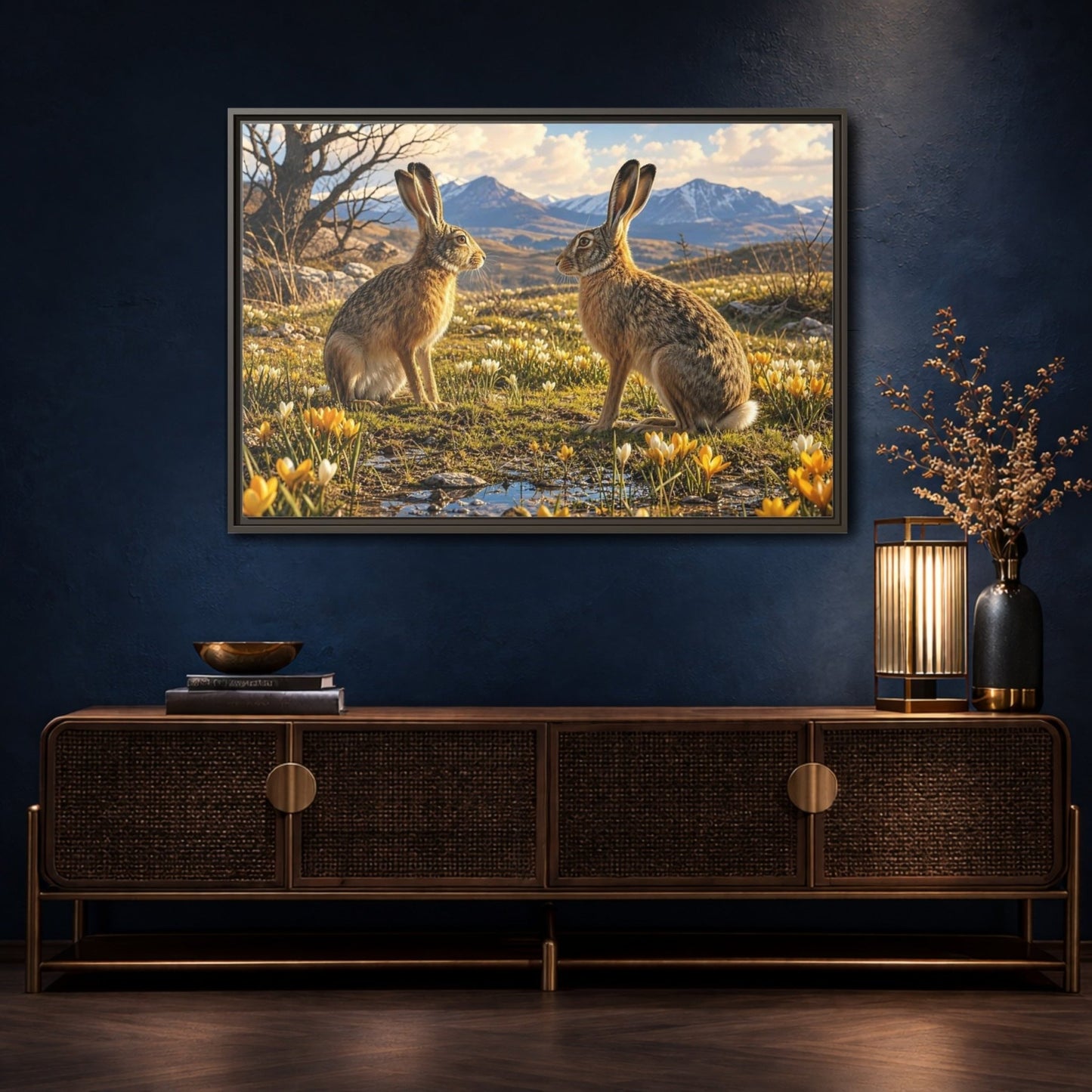 Animals Hares Brown Field Framed Canvas Print – Living Room, Above Console Table, and Yellow - YesArtYes