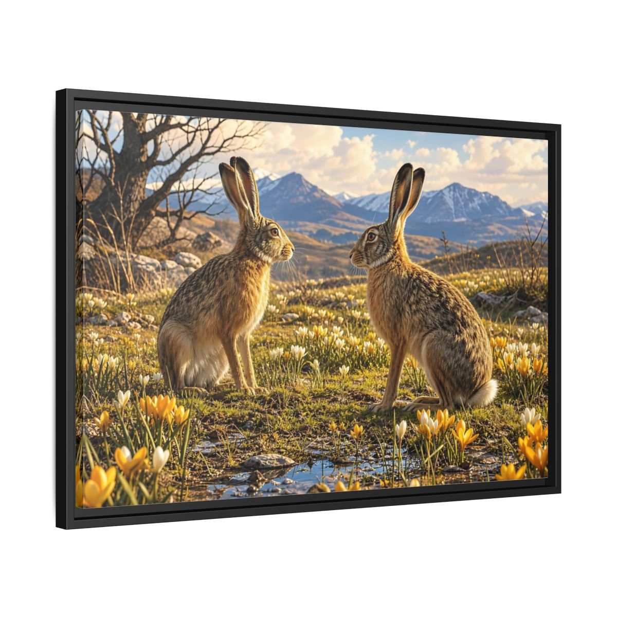 Animals Hares Brown Field Framed Canvas Print – Living Room, Above Console Table, and Yellow - YesArtYes