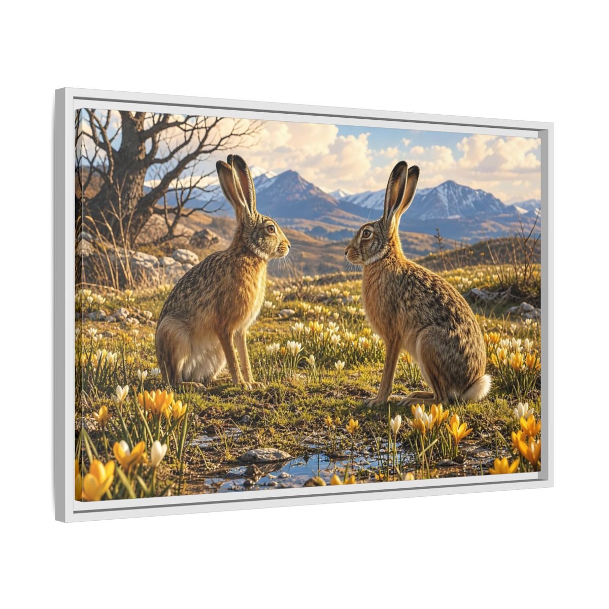 Animals Hares Brown Field Framed Canvas Print – Living Room, Above Console Table, and Yellow - YesArtYes