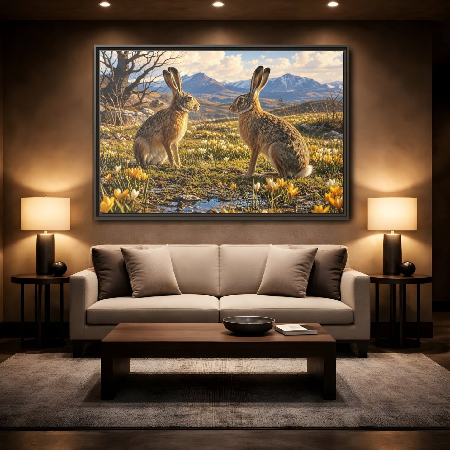 Animals Hares Brown Field Framed Canvas Print – Living Room, Above Console Table, and Yellow - YesArtYes