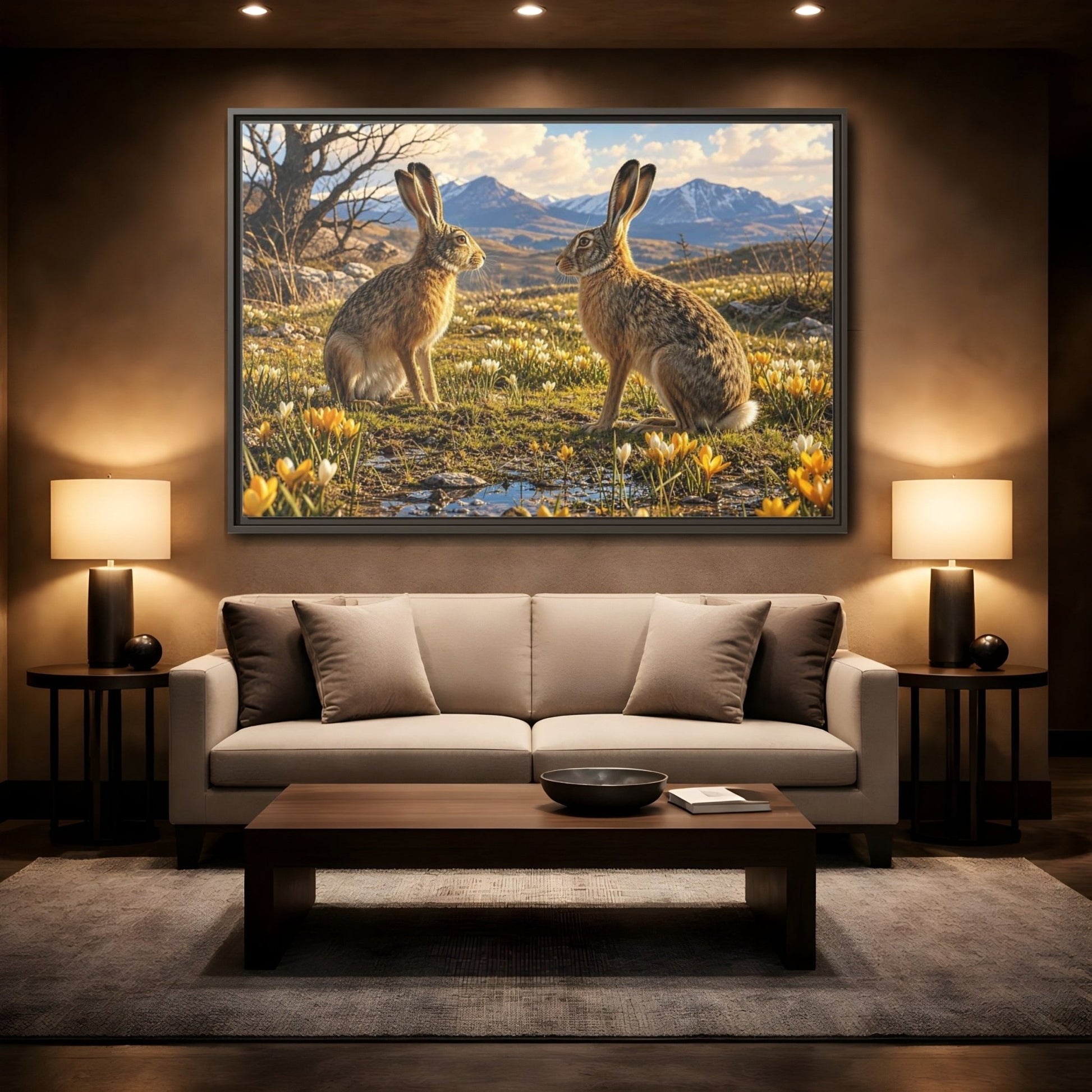 Animals Hares Brown Field Framed Canvas Print – Living Room, Above Console Table, and Yellow - YesArtYes