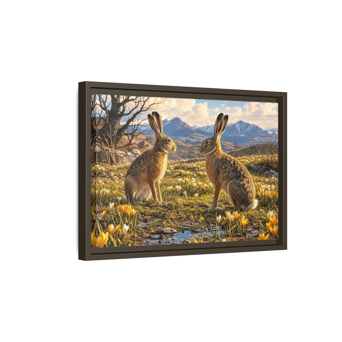 Side Mockup 5. Animals Hares Brown Hares Field shown as stretched canvas wall art