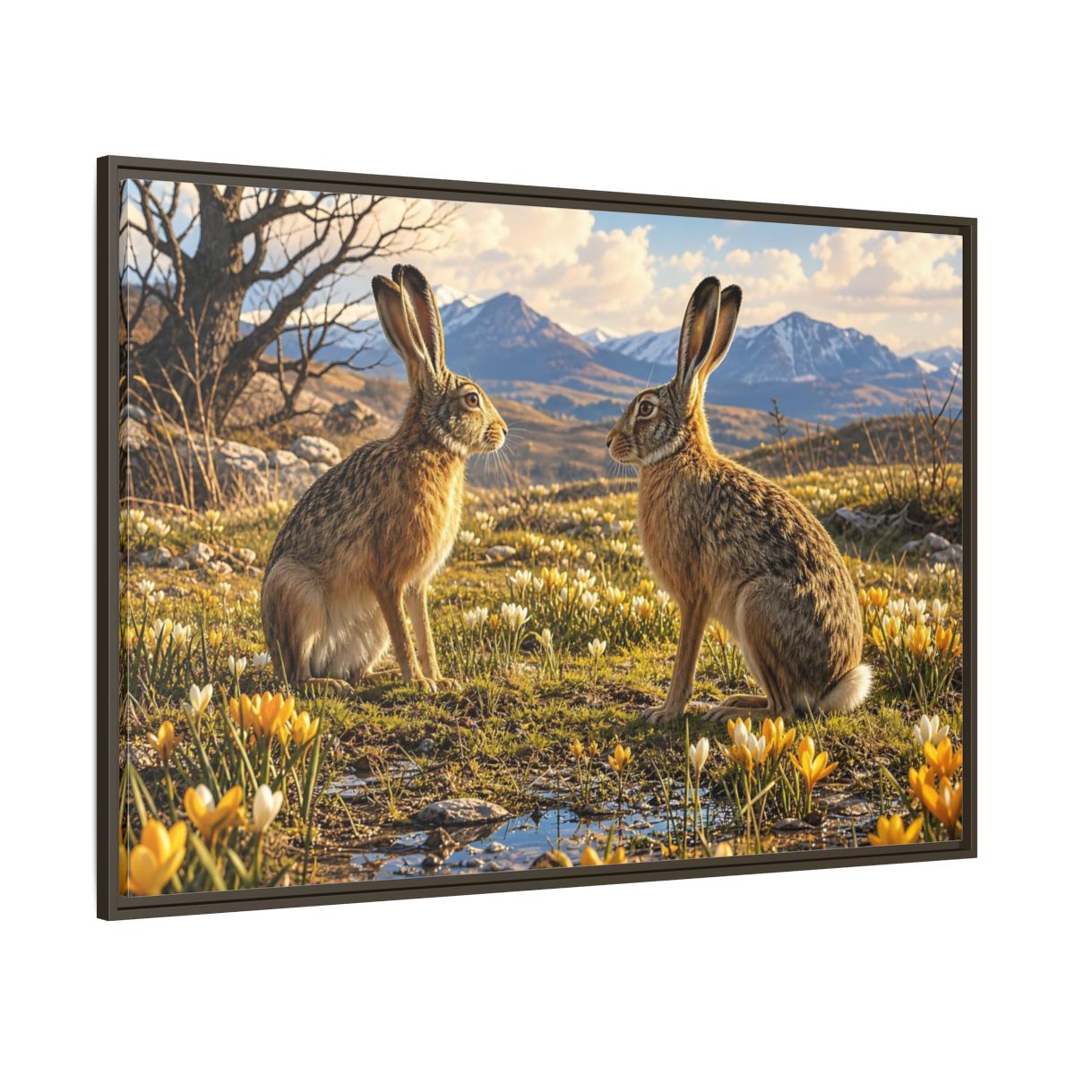 Side Mockup 8. Animals Hares Brown Hares Field shown as stretched canvas wall art