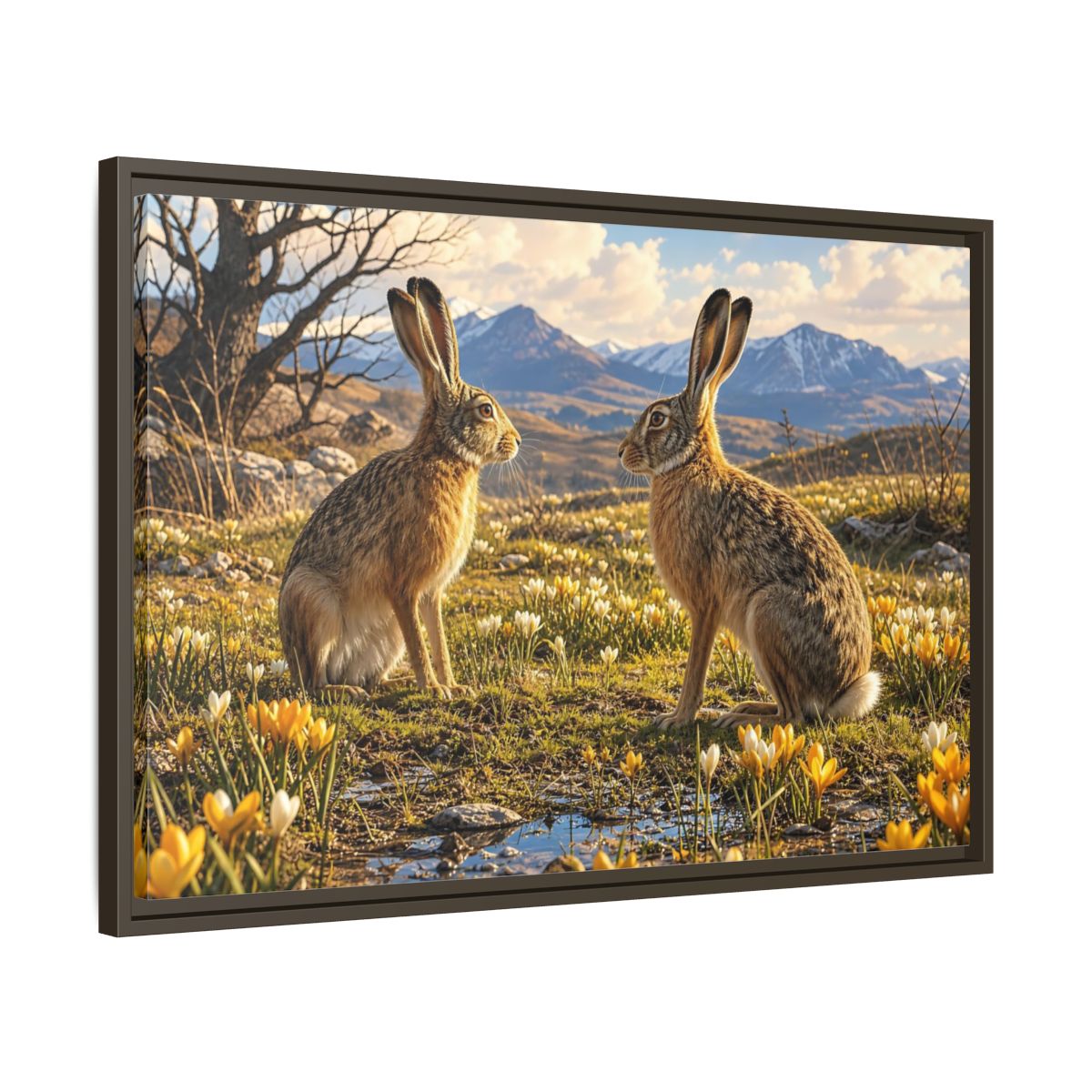 Side Mockup 11. Animals Hares Brown Hares Field shown as stretched canvas wall art