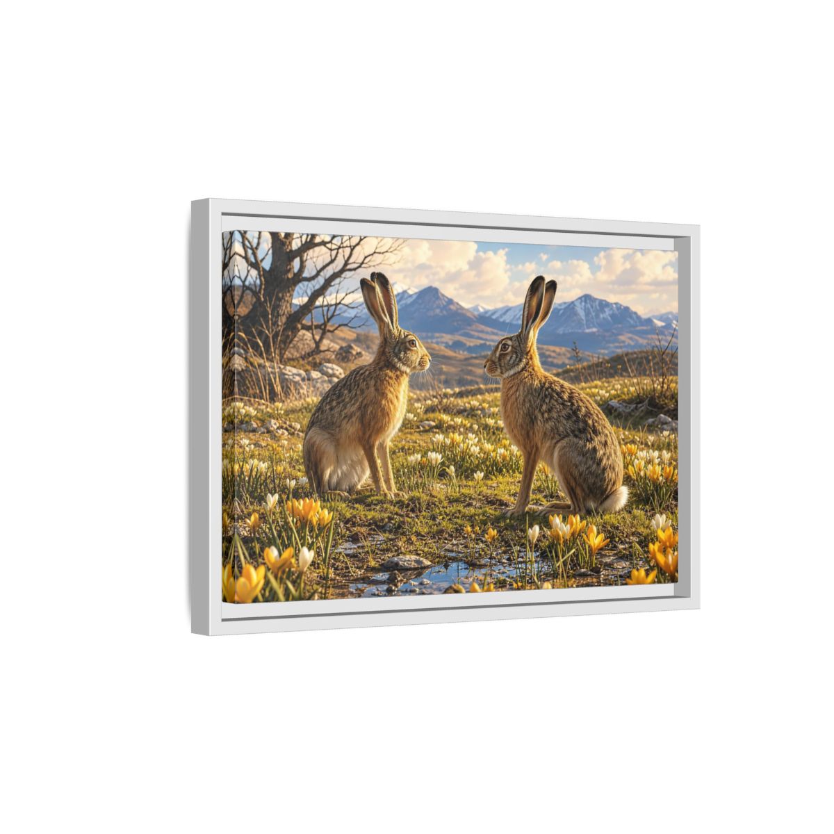 Side Mockup 4. Animals Hares Brown Hares Field shown as stretched canvas wall art