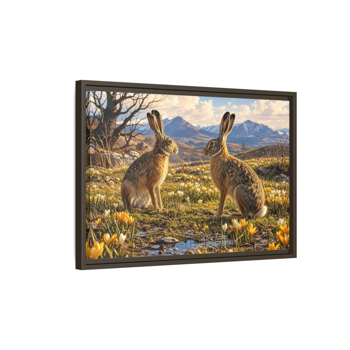 Side Mockup 2. Animals Hares Brown Hares Field shown as stretched canvas wall art