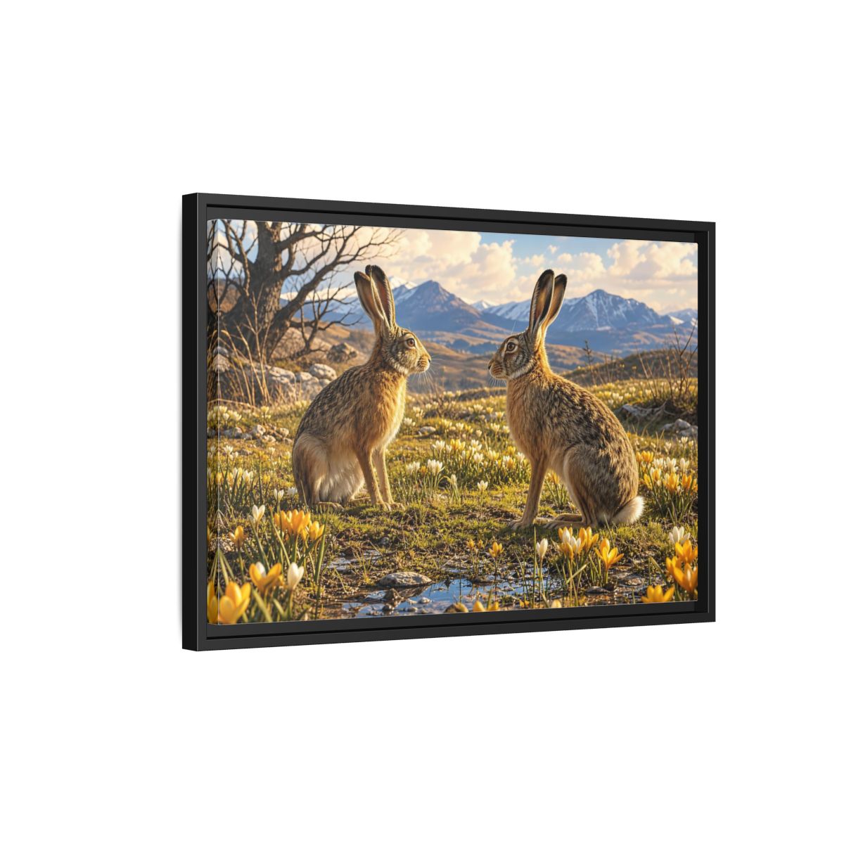 Side Mockup 3. Animals Hares Brown Hares Field shown as stretched canvas wall art