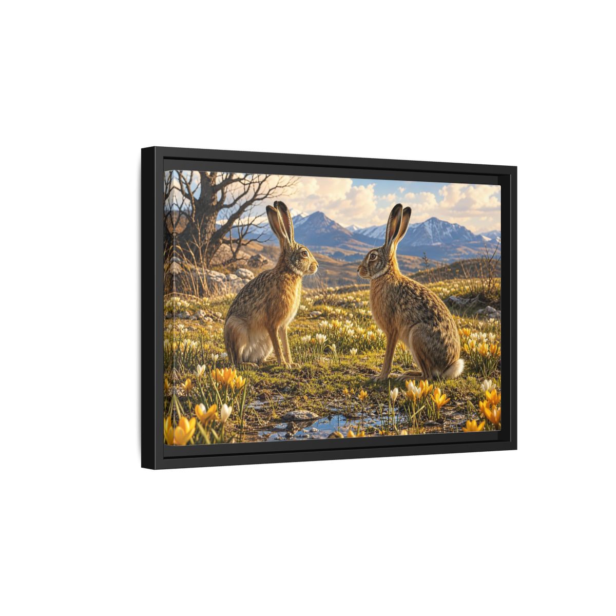 Side Mockup 6. Animals Hares Brown Hares Field shown as stretched canvas wall art