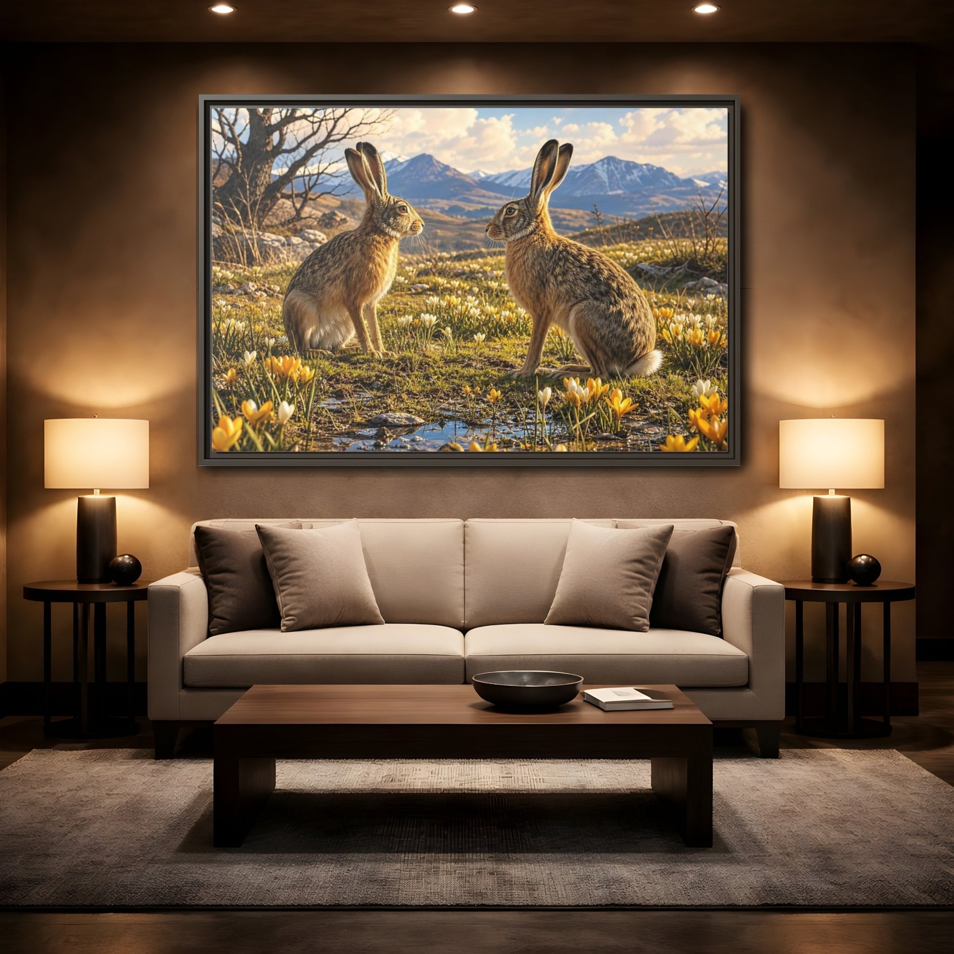 Mockup 2. Animals Hares Brown Hares Field shown as stretched canvas wall art