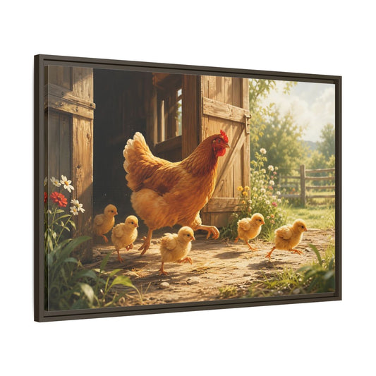 Main Mockup. Animals Hen And Chicks Brown And Yellow shown as stretched canvas wall art