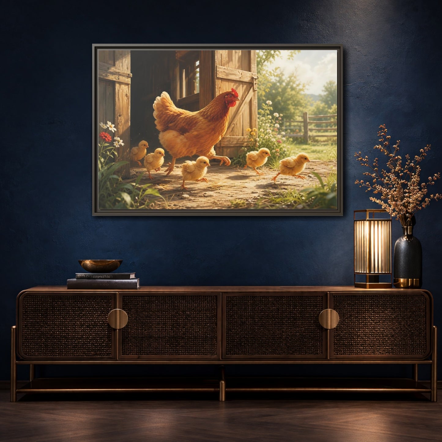 Mockup 4. Animals Hen And Chicks Brown And Yellow shown as stretched canvas wall art