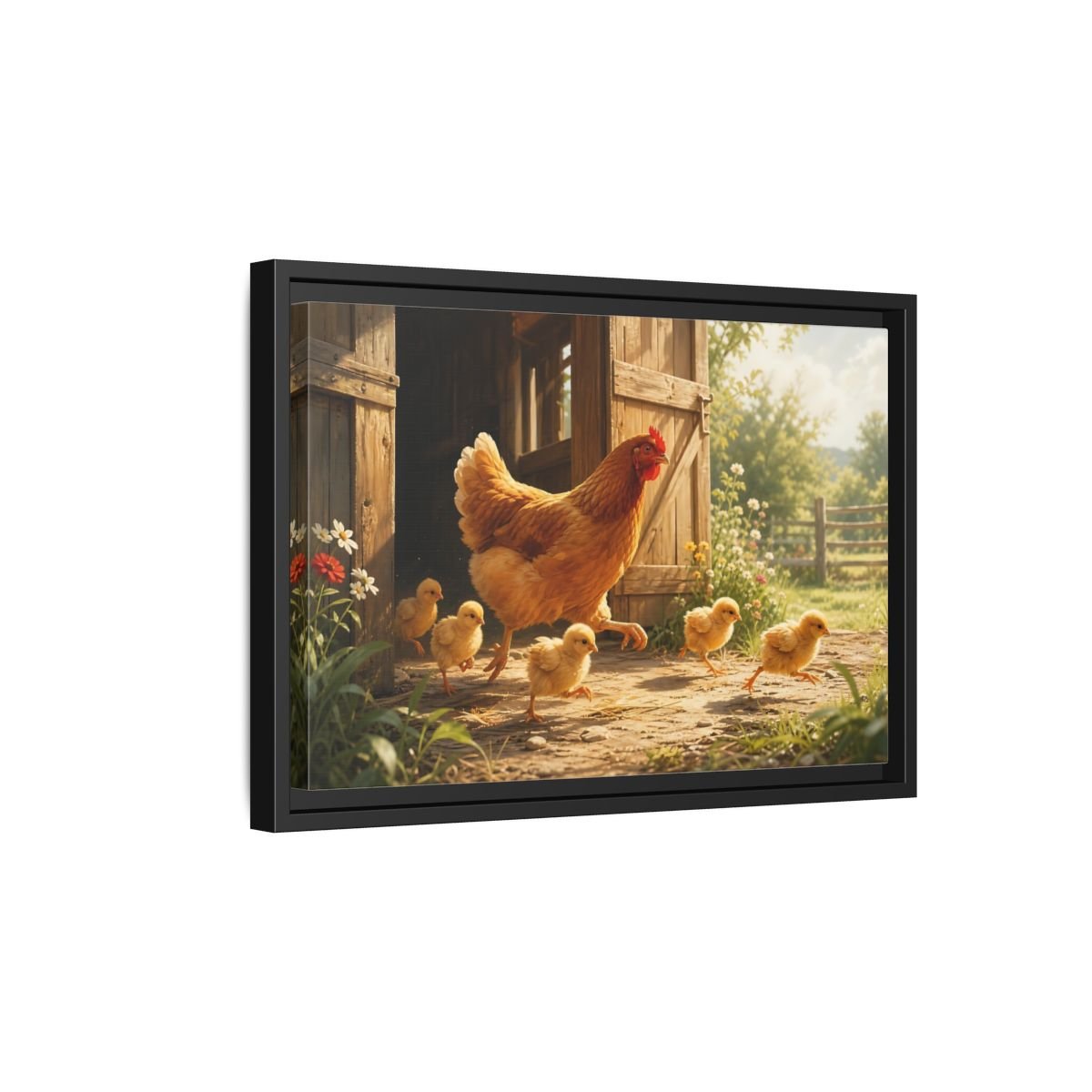 Animals Hen And Chicks Brown Yellow Framed Canvas Print – Kitchen, Feature Wall - YesArtYes