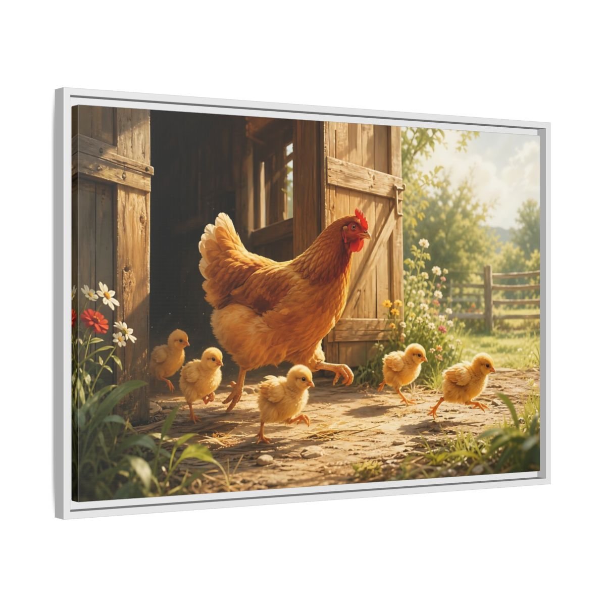 Animals Hen And Chicks Brown Yellow Framed Canvas Print – Kitchen, Feature Wall - YesArtYes