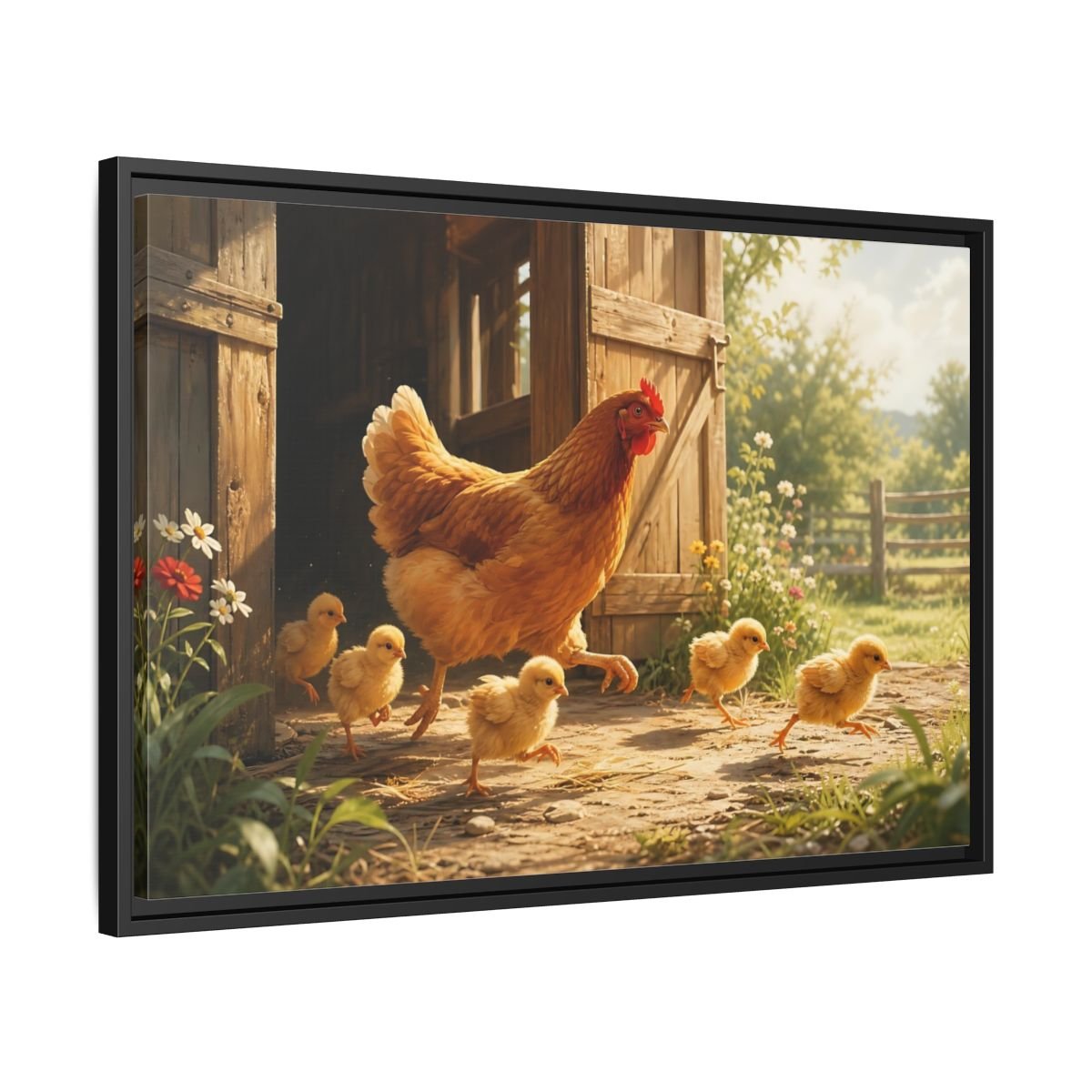 Animals Hen And Chicks Brown Yellow Framed Canvas Print – Kitchen, Feature Wall - YesArtYes