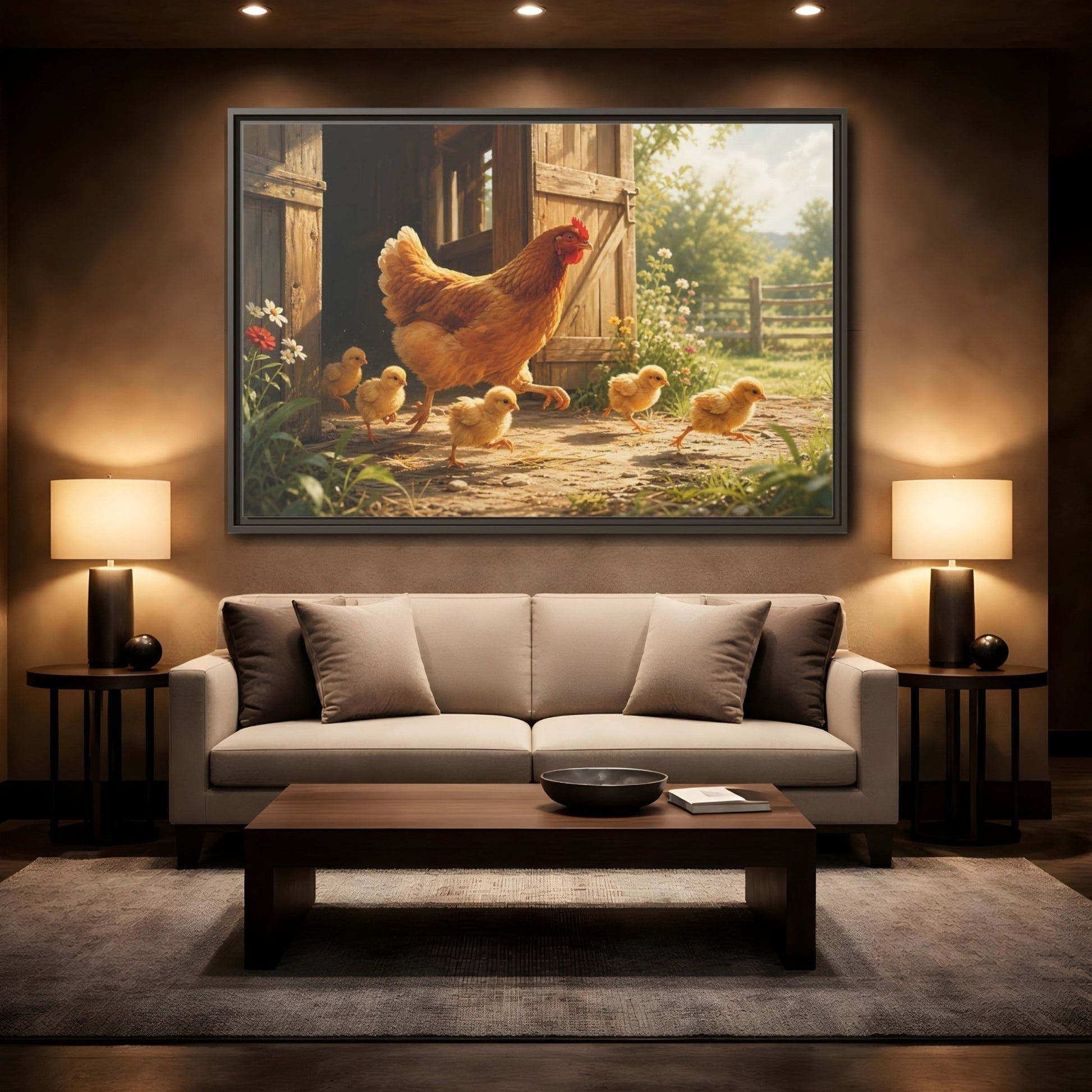 Animals Hen And Chicks Brown Yellow Framed Canvas Print – Kitchen, Feature Wall - YesArtYes