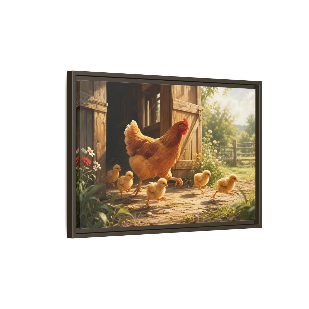 Animals Hen And Chicks Brown Yellow Framed Canvas Print – Kitchen, Feature Wall - YesArtYes