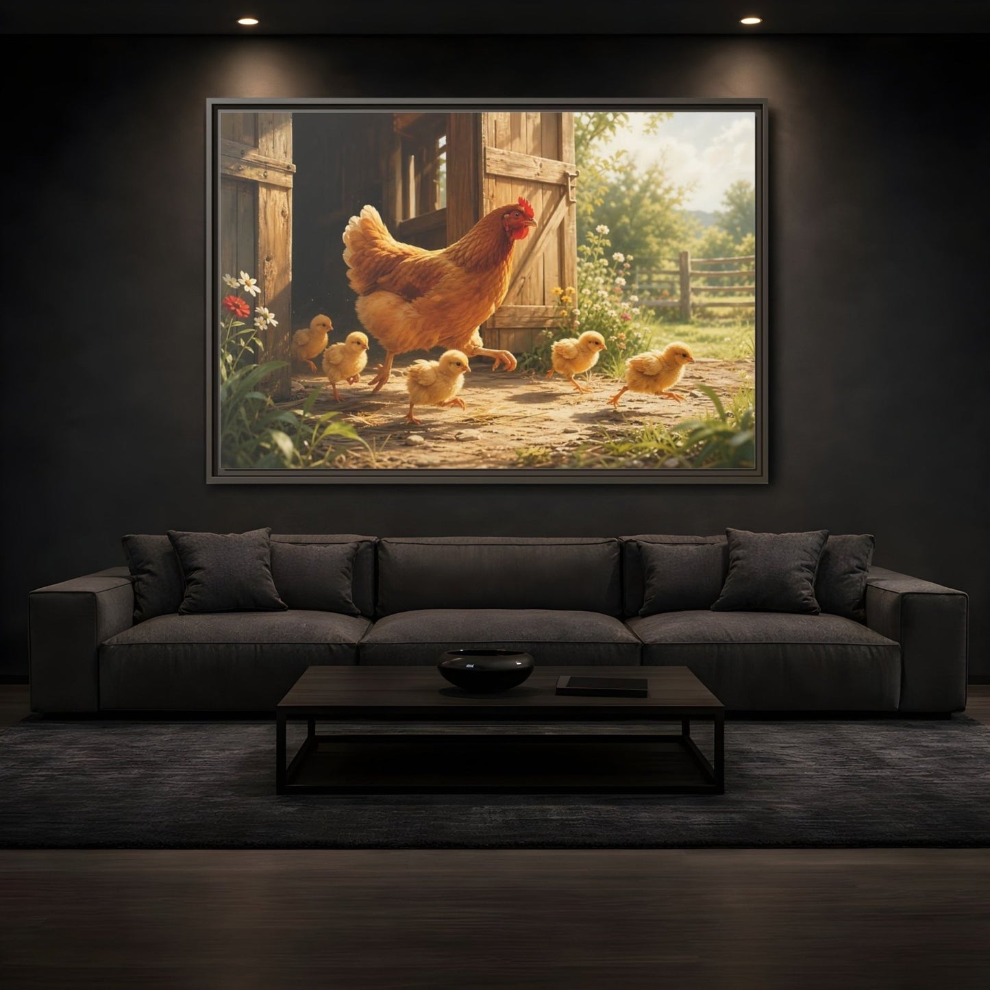 Animals Hen And Chicks Brown Yellow Framed Canvas Print – Kitchen, Feature Wall - YesArtYes