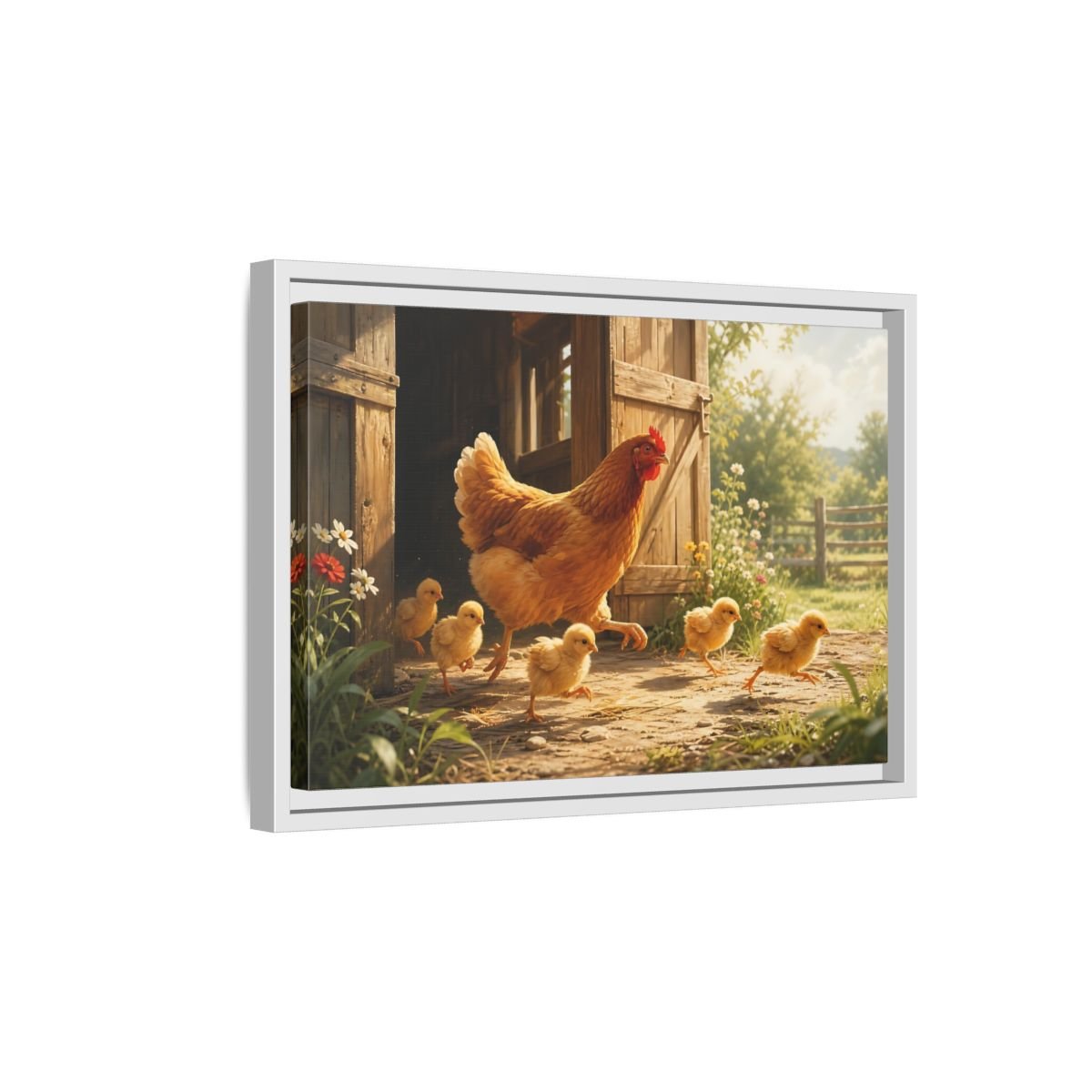 Animals Hen And Chicks Brown Yellow Framed Canvas Print – Kitchen, Feature Wall - YesArtYes