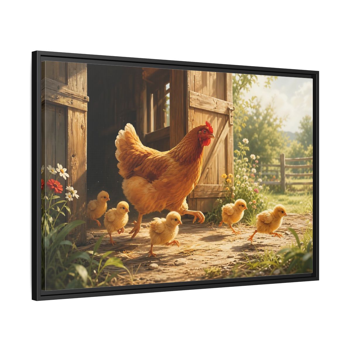 Side Mockup 13. Animals Hen And Chicks Brown And Yellow shown as stretched canvas wall art