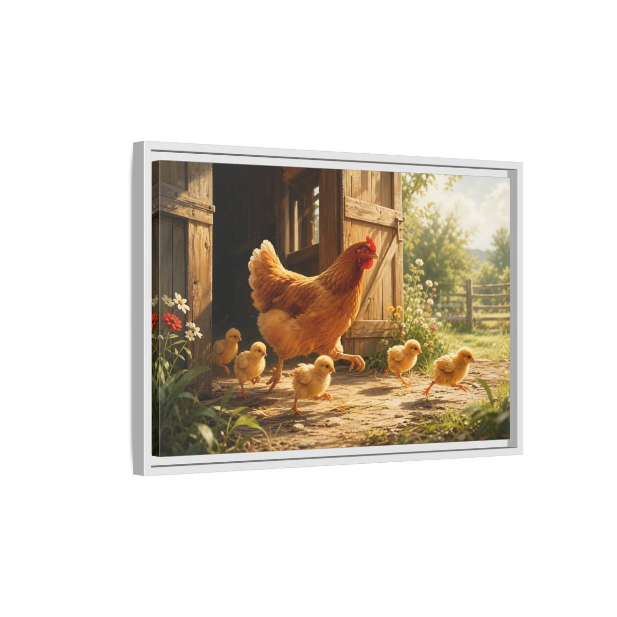 Side Mockup 1. Animals Hen And Chicks Brown And Yellow shown as stretched canvas wall art
