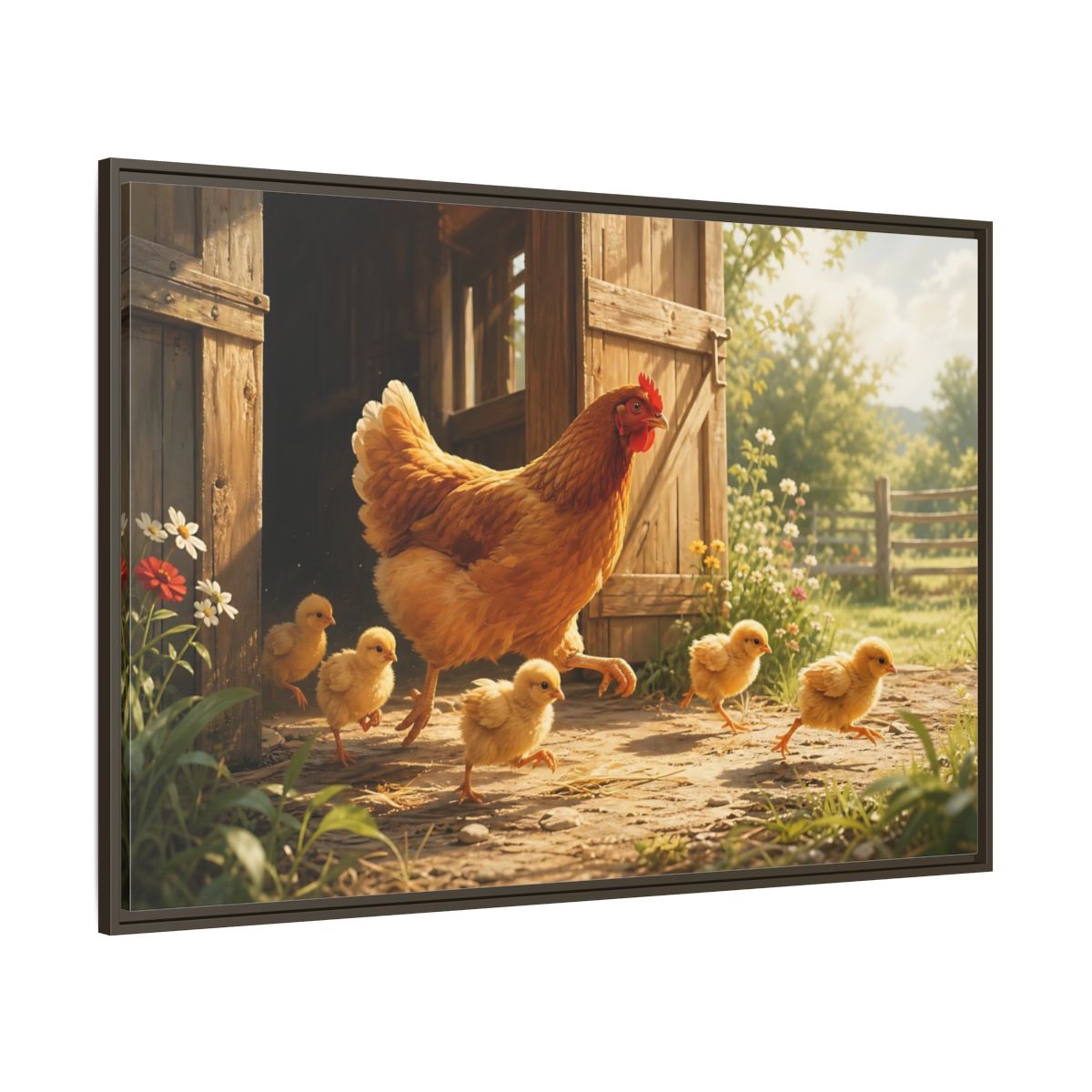 Side Mockup 8. Animals Hen And Chicks Brown And Yellow shown as stretched canvas wall art