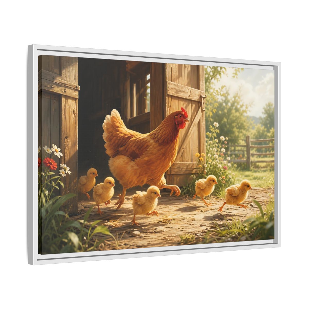 Side Mockup 10. Animals Hen And Chicks Brown And Yellow shown as stretched canvas wall art
