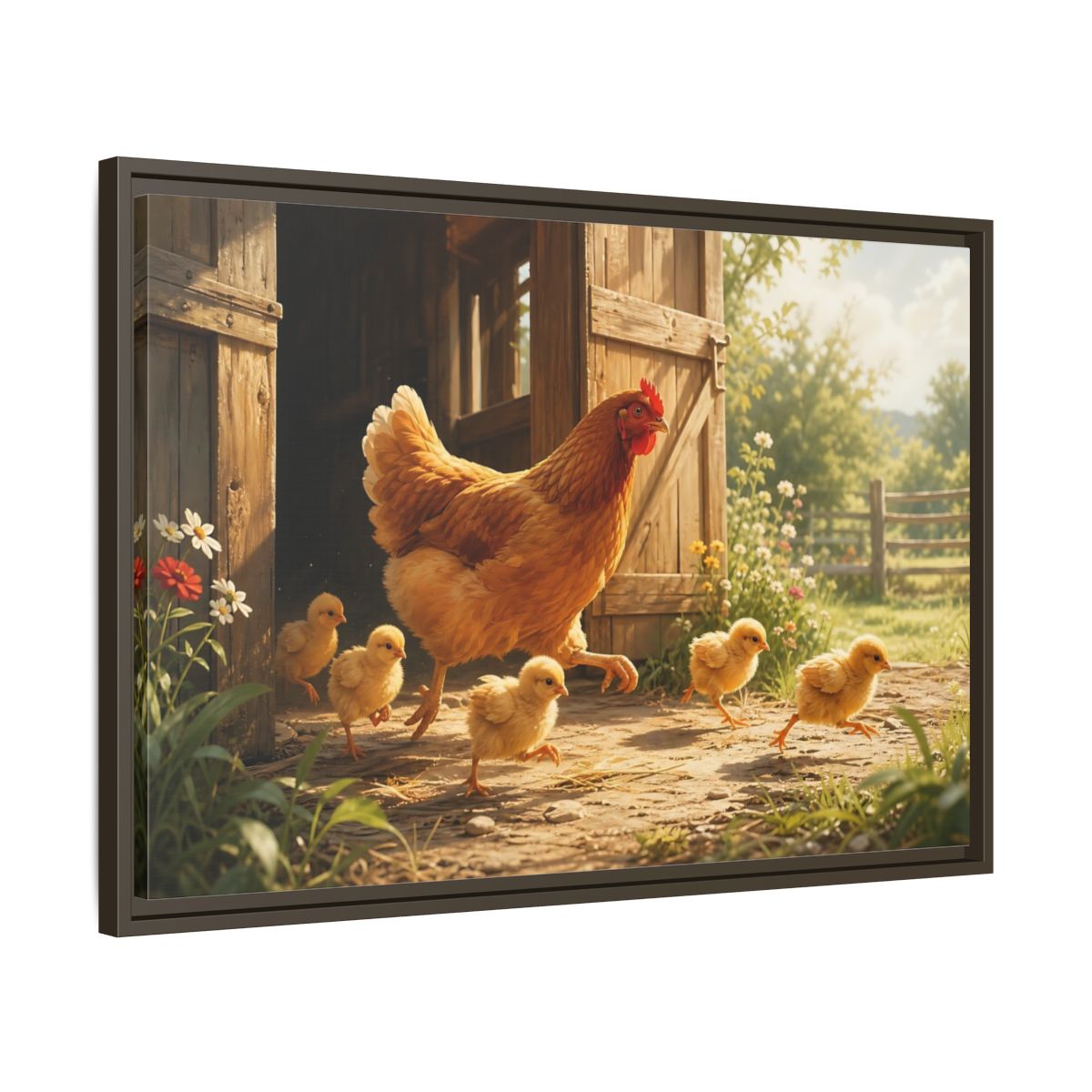 Side Mockup 11. Animals Hen And Chicks Brown And Yellow shown as stretched canvas wall art