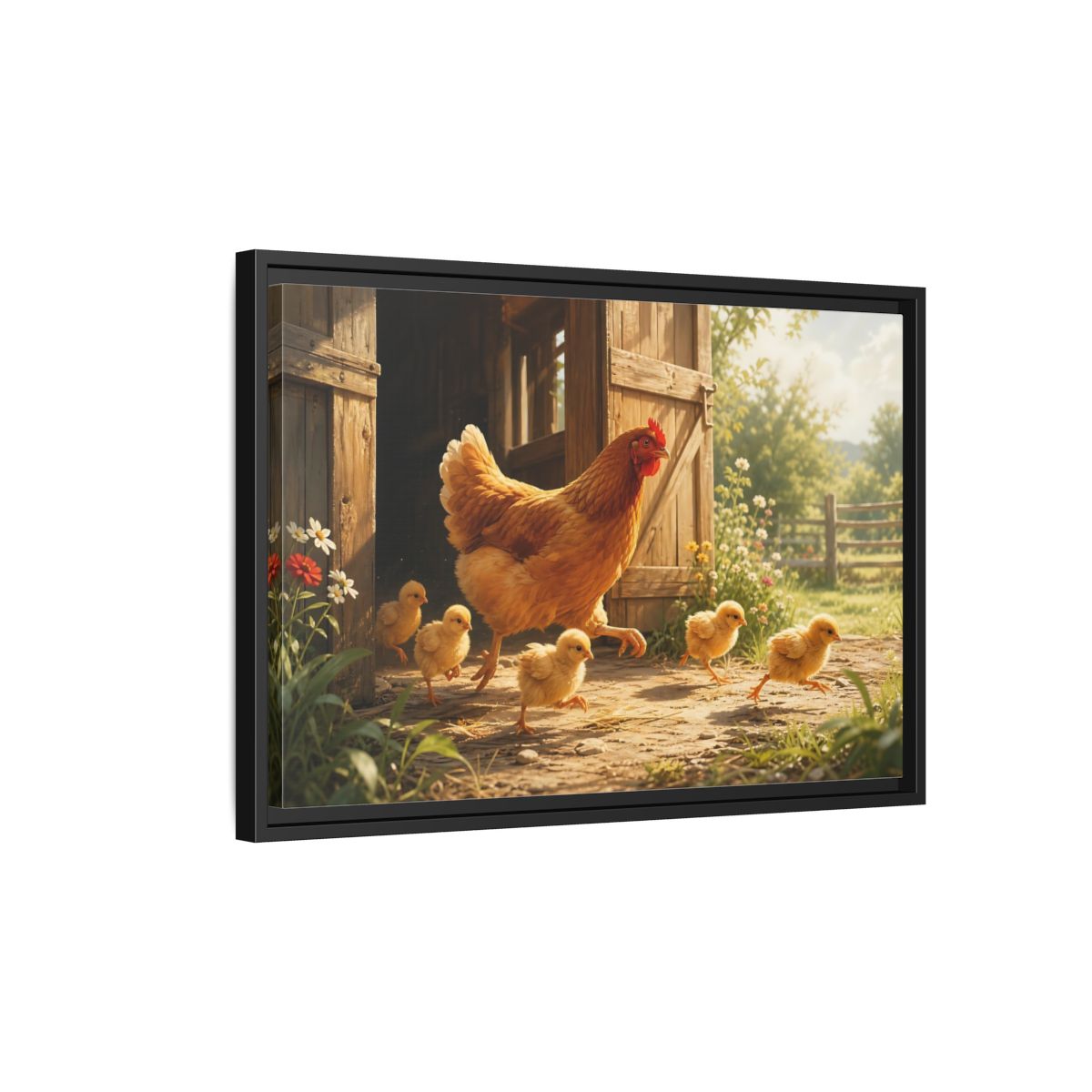 Side Mockup 3. Animals Hen And Chicks Brown And Yellow shown as stretched canvas wall art