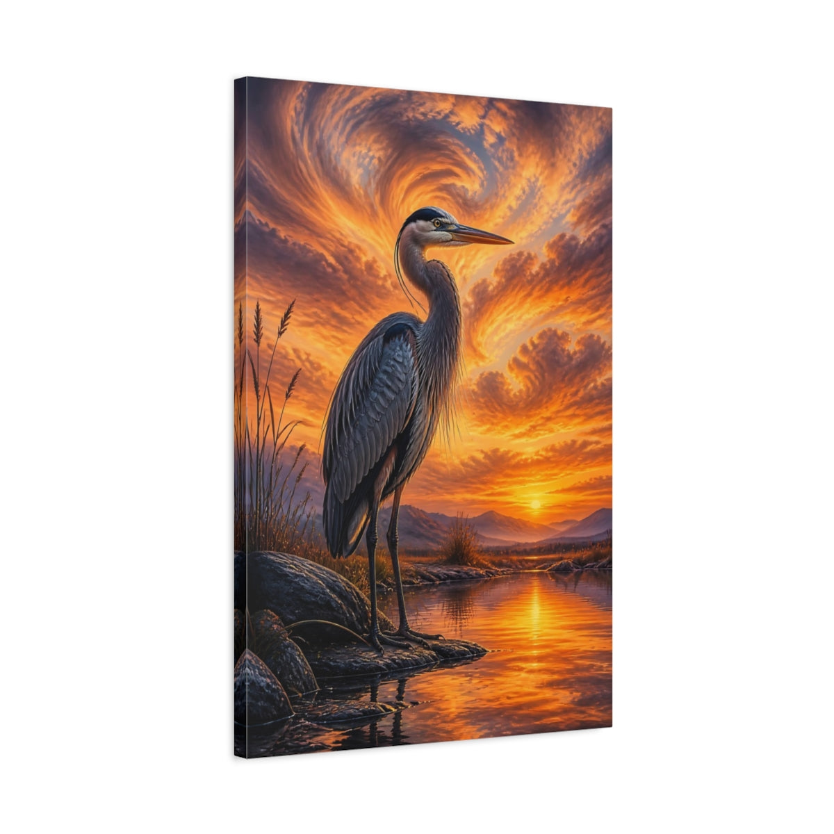 Side Mockup 2. Animals Heron Orange Heron shown as stretched canvas wall art