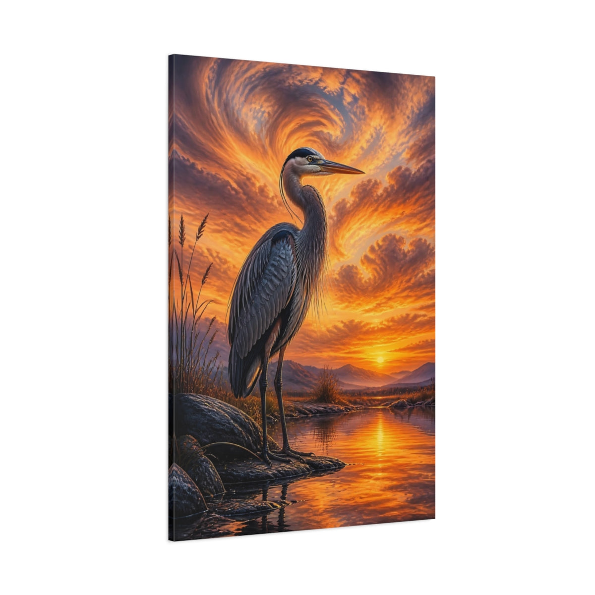 Side Mockup 1. Animals Heron Orange Heron shown as stretched canvas wall art