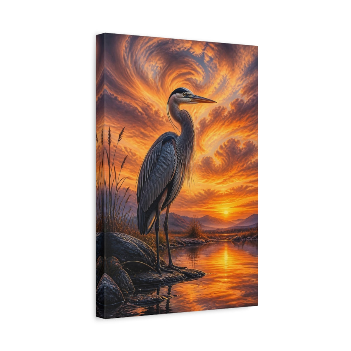 Side Mockup 4. Animals Heron Orange Heron shown as stretched canvas wall art