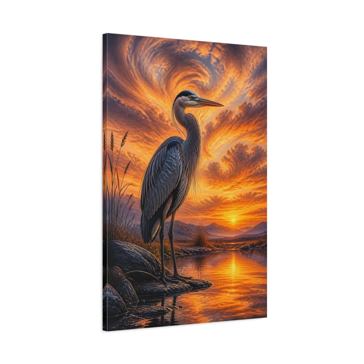 Main Mockup. Animals Heron Orange Heron shown as stretched canvas wall art