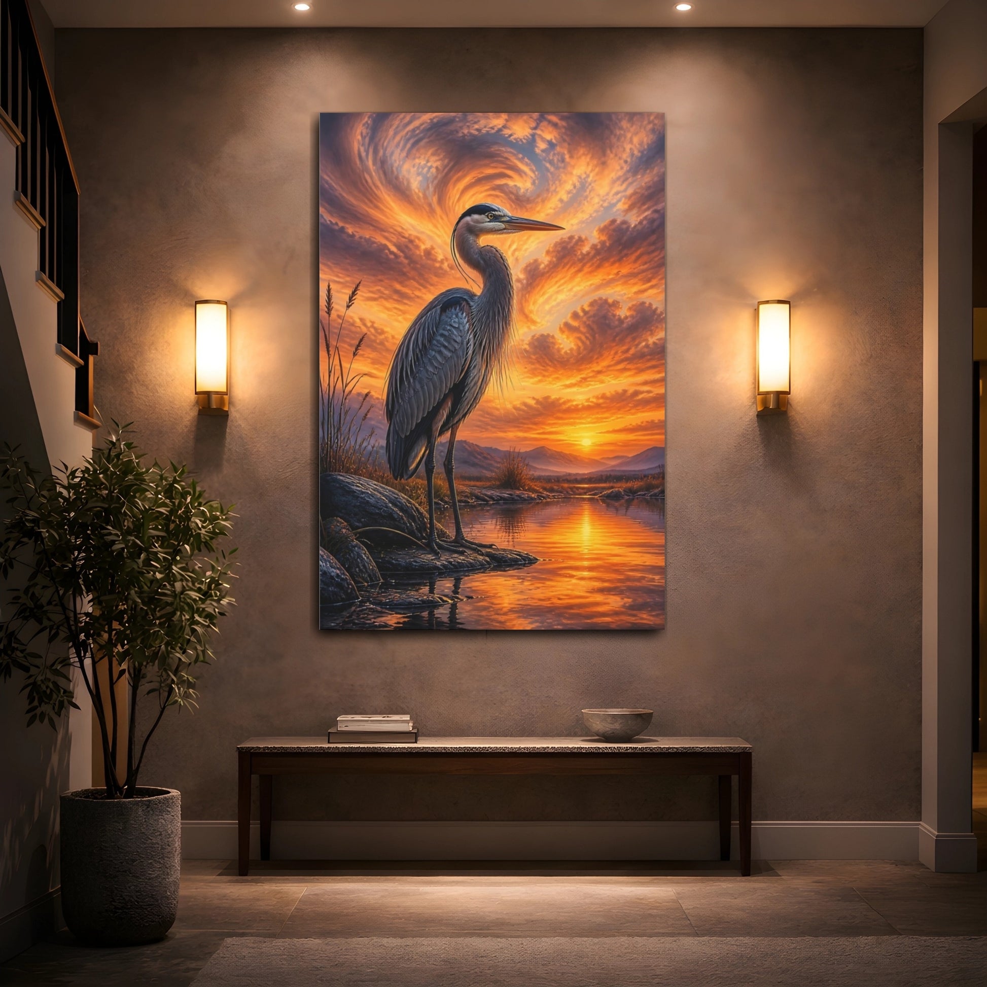 Mockup 2. Animals Heron Orange Heron shown as stretched canvas wall art