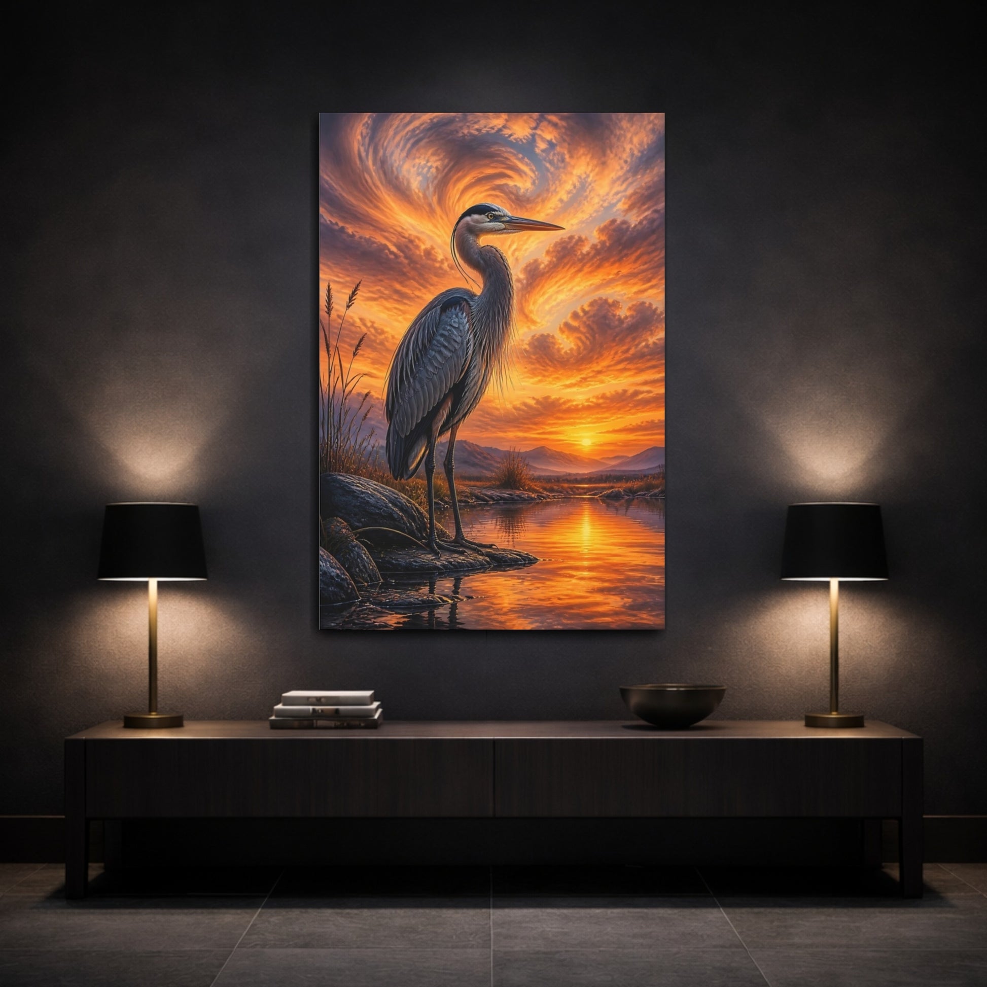 Mockup 3. Animals Heron Orange Heron shown as stretched canvas wall art